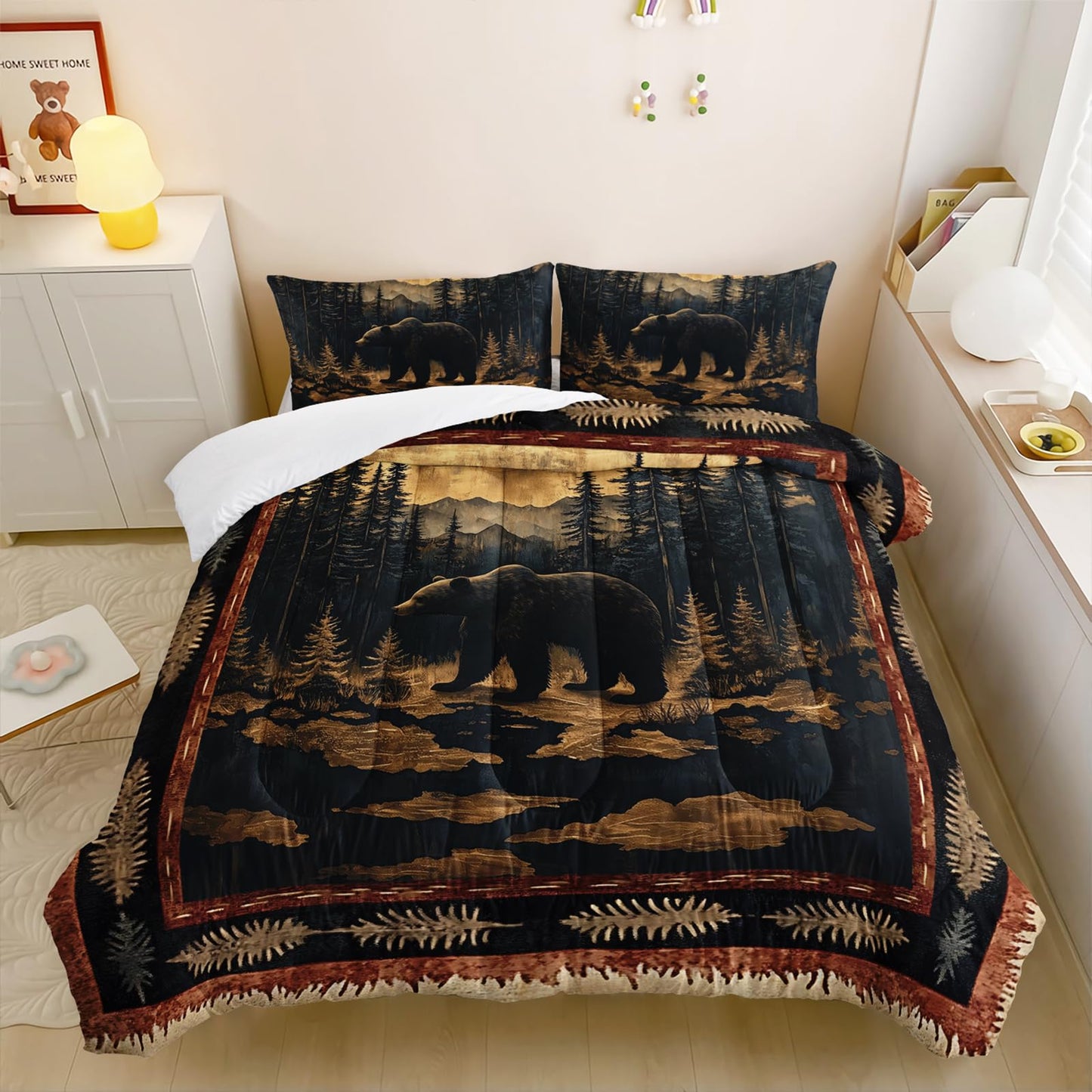 lneffble Black Bear Comforter Set Twin Size for Kids Boys,Rustic Comforter Set,Cabin Woodland Forest Animals Hunting Bedding Set,Soft Microfiber Wildlife Quilt Set