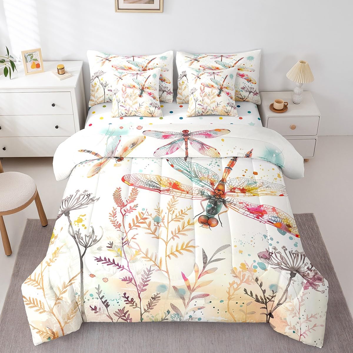 Erosebridal Dragonfly Comforter Set Queen,Wildflowers Floral Bedding Set 7Pcs for Kids Teens Adults,Tie Dye Watercolor Botanical Leaves Bed in a Bag,Aesthetic Wildlife Safari Animal Quilt