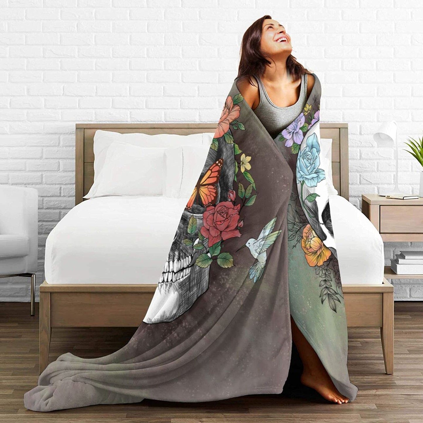 Majoug Flower Sugar Skull Throw Blanket Skulls Gifts for Women Warm Fleece Throw Bed Blankets Cozy Blanket Plush Blanket for Bedroom Living Sofa Car 50"x40"