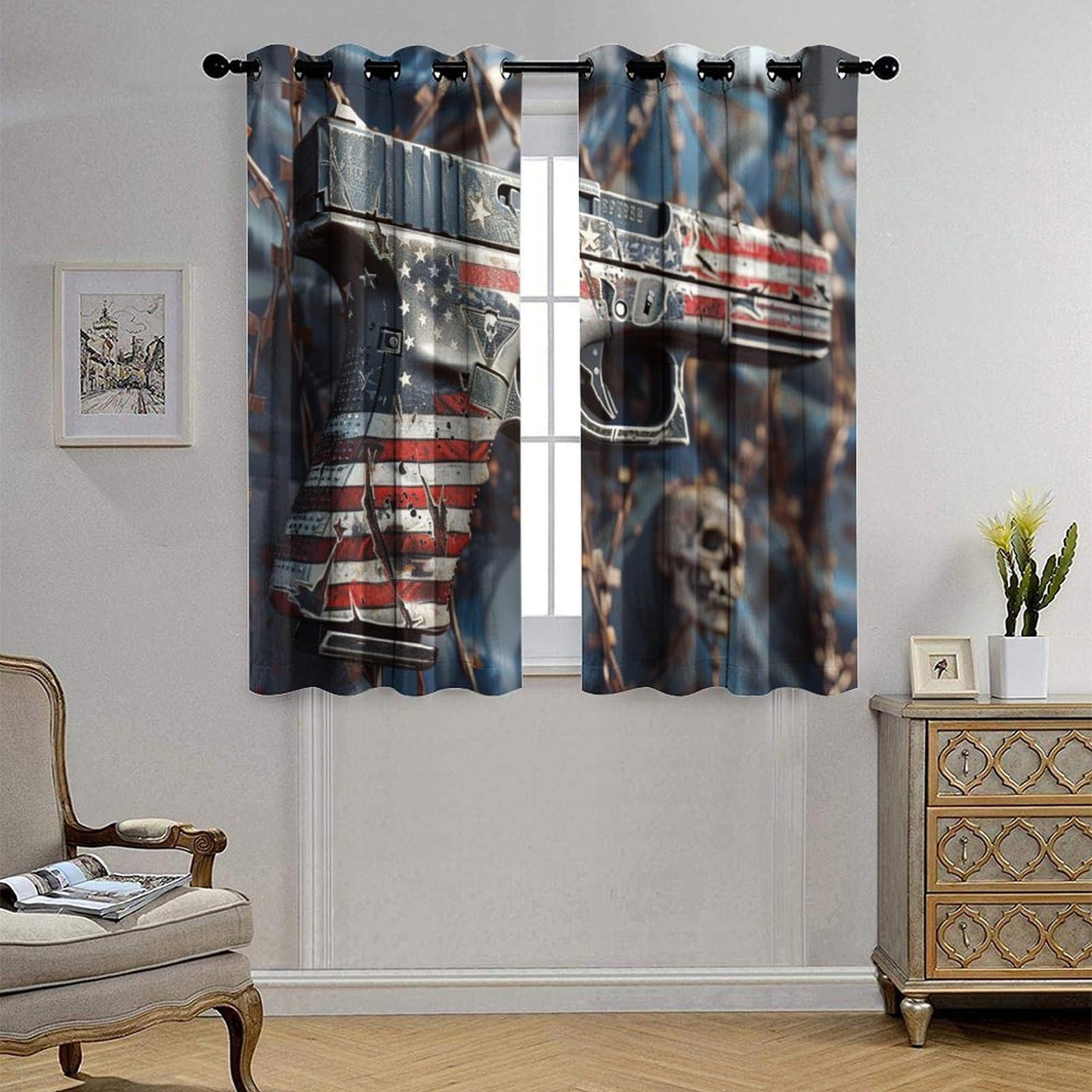 TOWINSFB American Flag Military Gun Blackout Curtains for Bedroom/Living Room, Gothic Skull War Theme Grommet Curtains Thermal Insulated Window Drapes, 2 Panels, Each 21W x 45L