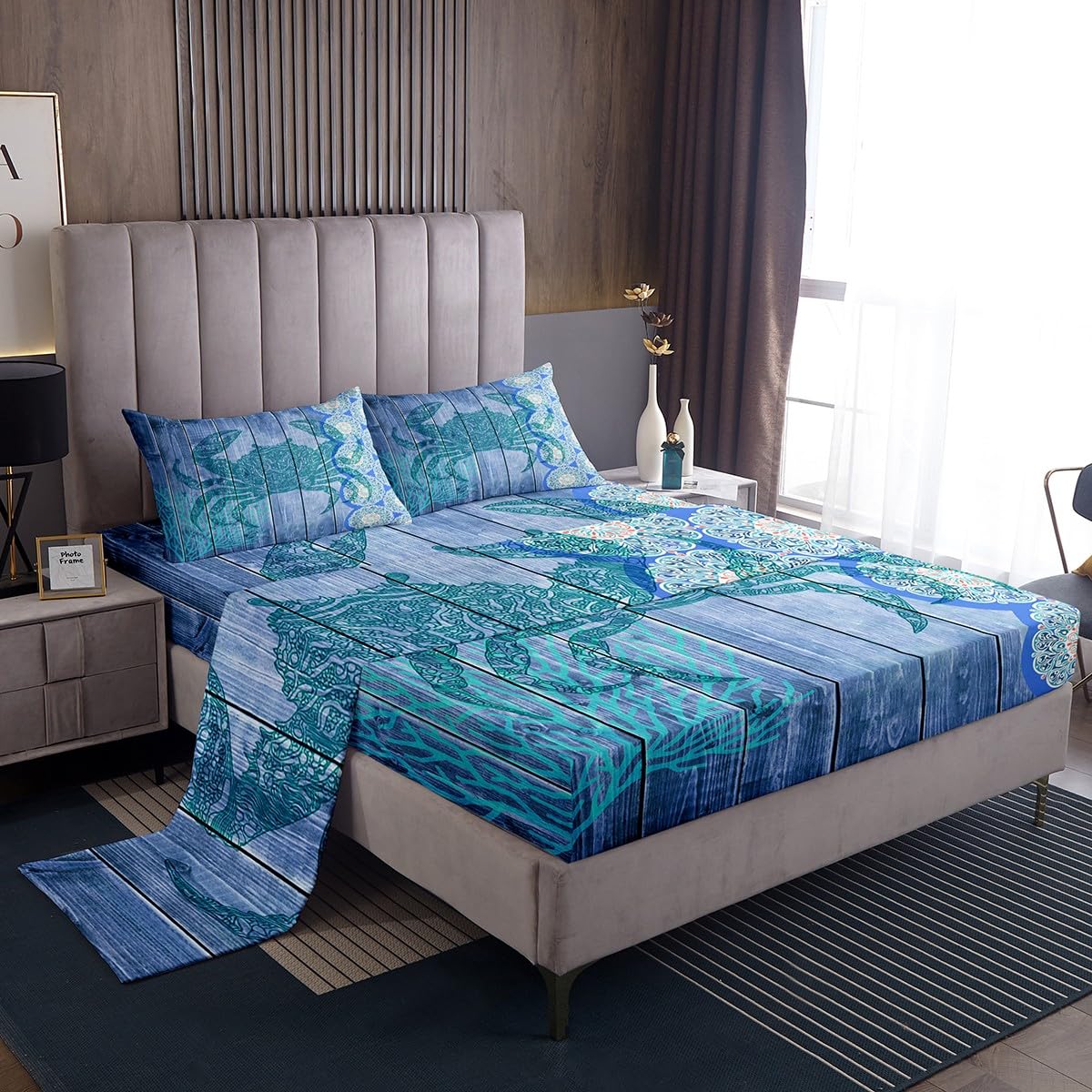 Erosebridal Blue Crab Sheet Set,Hippie Boho Mandala Bed Sheets Queen Sea Ocean Nautical Theme Flat Sheet Beach Animal Fitted Sheet Wood Board Home Room Decor,4Pcs with 2 Pillow Shams
