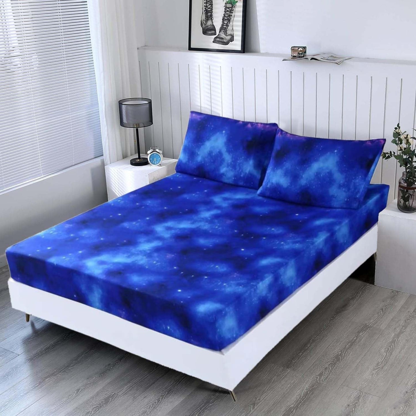 SDIII Blue Galaxy Fitted Sheet Twin with 2 Pillowcases, Soft Microfiber Deep Pocket Galaxy Sheet Twin for Boys Girls Kids and Teens