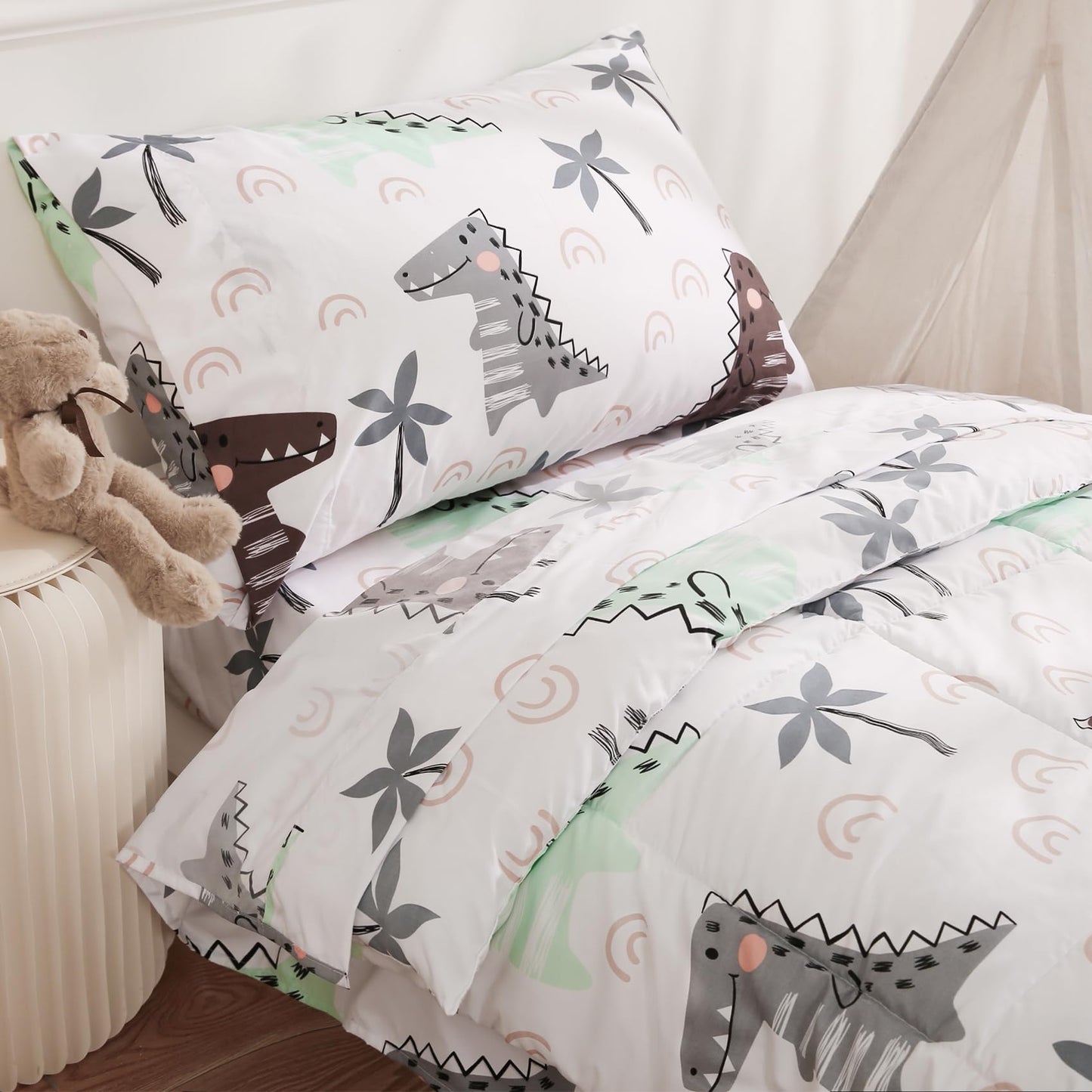JSD Dinosaur Toddler Bedding Set, 4 Piece Bed-in-a-Bag Comforter Sheet Set, Machine Washable
