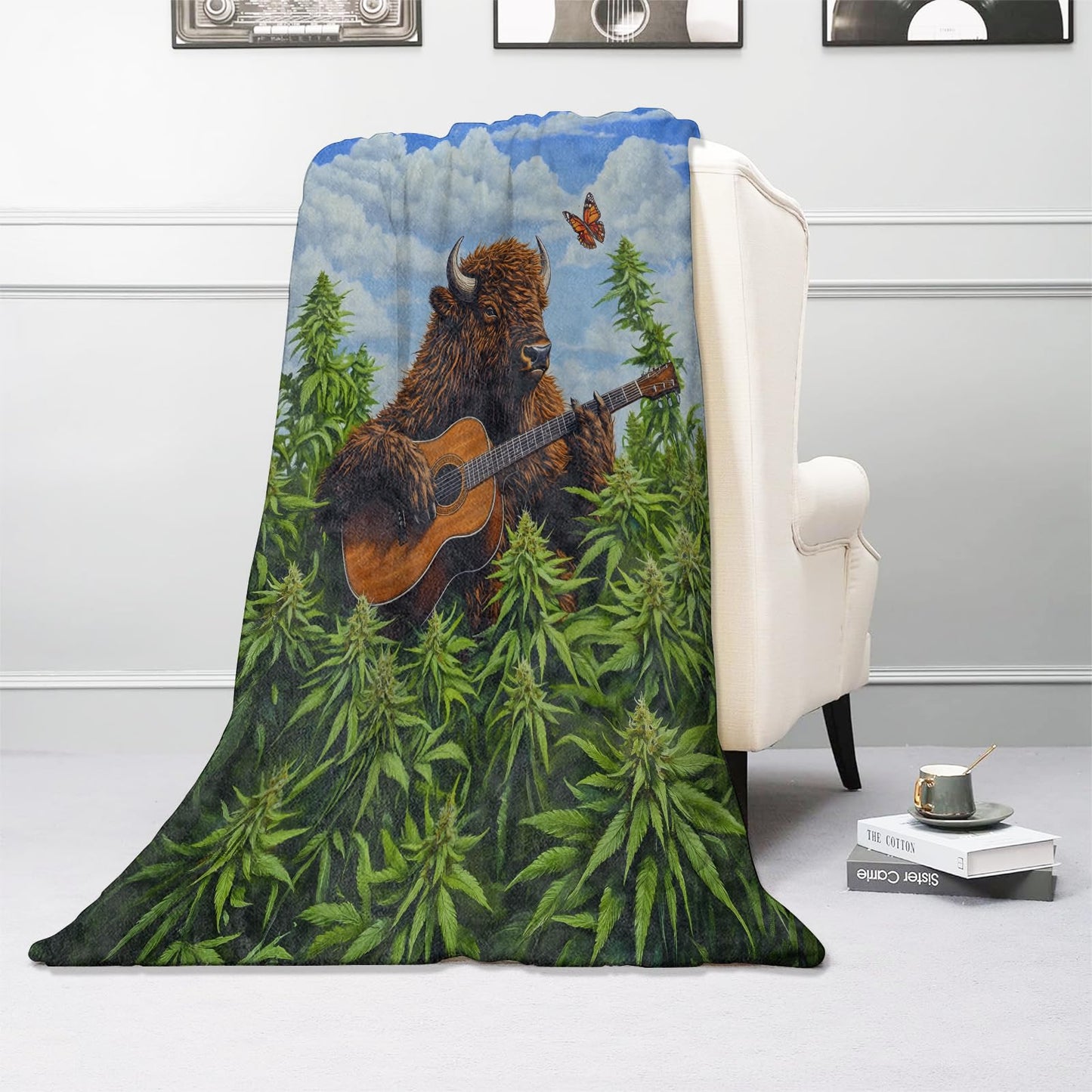 Kibue Music Bison & Guitar Blanket - Soft & Cozy Warm Flannel Throw - Plush Lightweight Blankets for Travel, Sofa, Bedroom, Office - Gifts for Adults Women Kids - for All Seasons 60"×50"