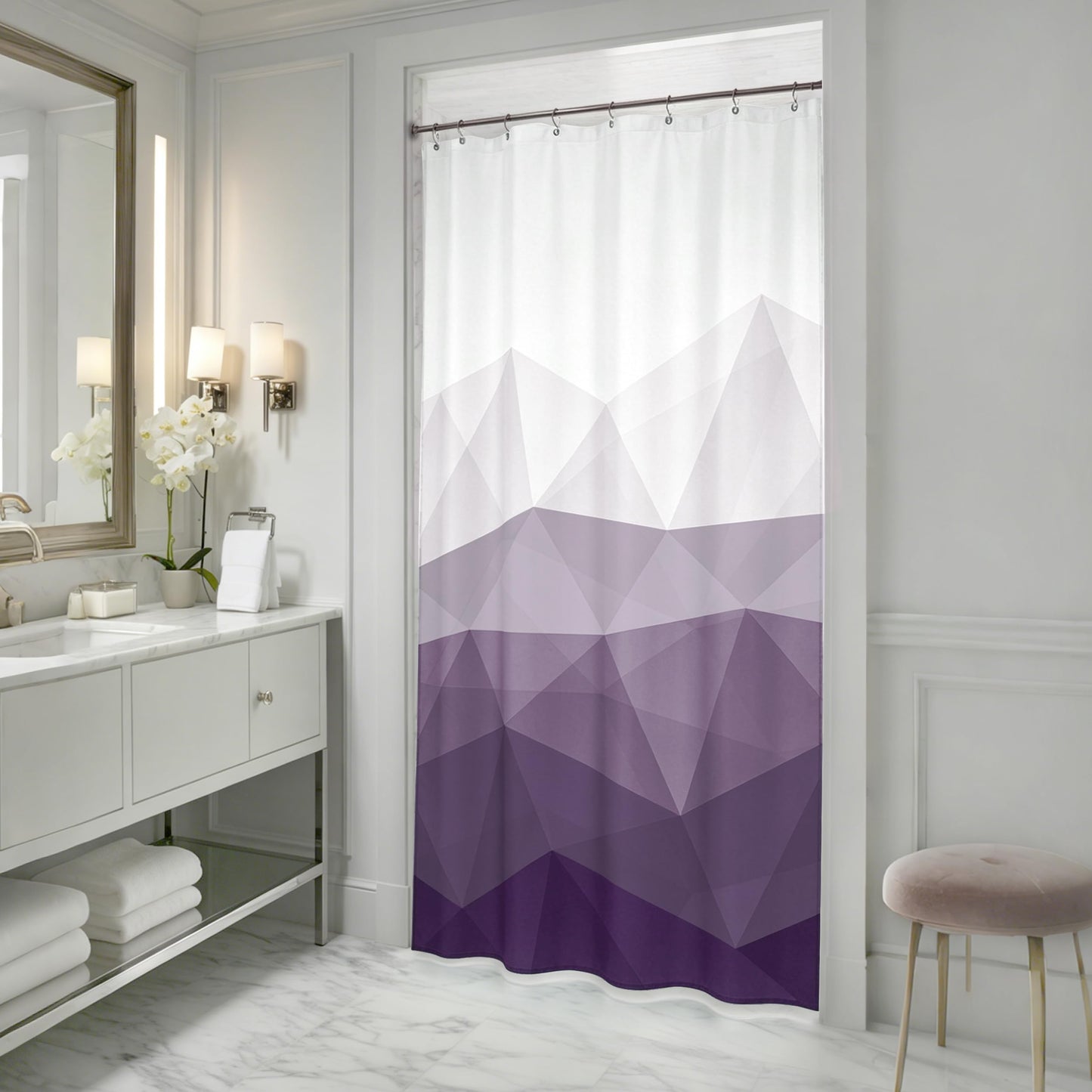 Sunlit Designer 36 x 72 Inches Small Stall Shower Curtain, Ombre Purple RV Half Size Narrow Fabric Shower Curtains for Bathroom Decor, Contemporary Geometric Bathroom Curtains, Purple