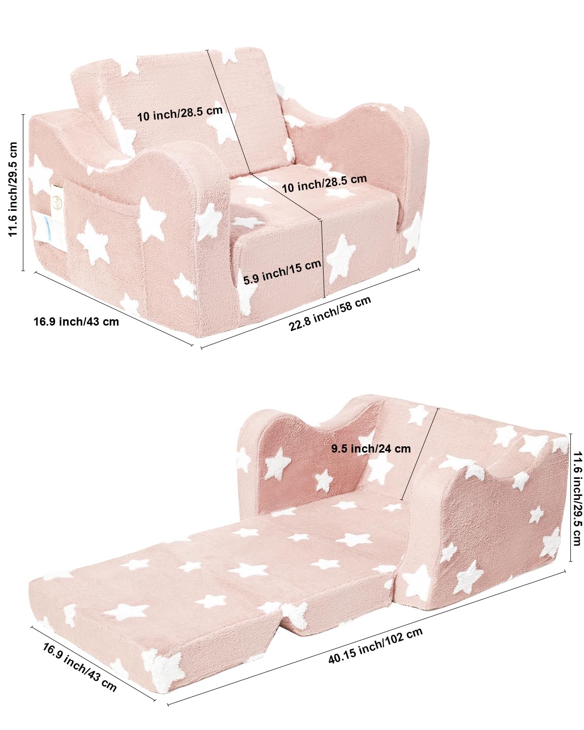 KokoSelene Toddler Couch, Kids Couch for Toddler Fold Out, 2-in-1 Convertible Kid Sofa to Lounger Bed for Girls and Boys, Ideal for Reading Sleeping Gaming Decor (Pink)