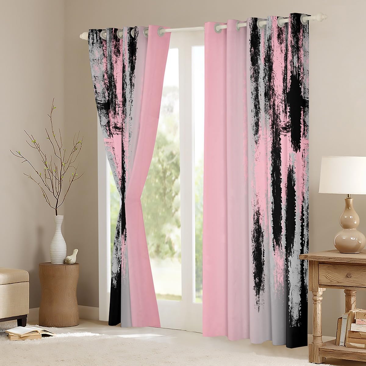 jejeloiu Kids Pink and Black Curtains for Bedroom Living Room (2 Panels, 42 x 84 Inch) Abstract Messy Rust Darkening Drapes Modern Art Blackout Curtains Gradient Stryle Window Treatments