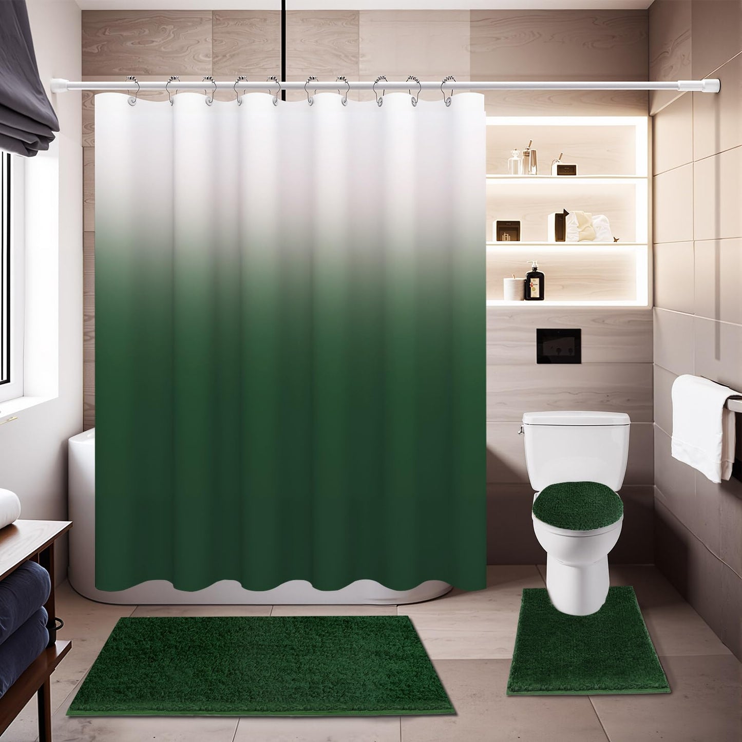 Baahrnom 4 Pcs Gark Green Shower Curtain Sets with Rugs Solid Bathroom Sets with Shower Curtain and Rugs and Adjustable Toilet Lid Cover for Luxury Bathroom Decor