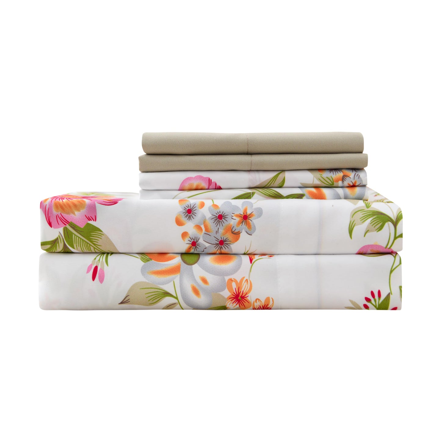Spirit Linen home 6-Piece Twin Size Bed Sheet Set - Deep Pocket, Floral Print Design, Soft and Breathable Bed Sheets, Microfiber Material, Includes 1 Fitted, 1 Flat, 4 Pillowcases - Pink/Green Floral