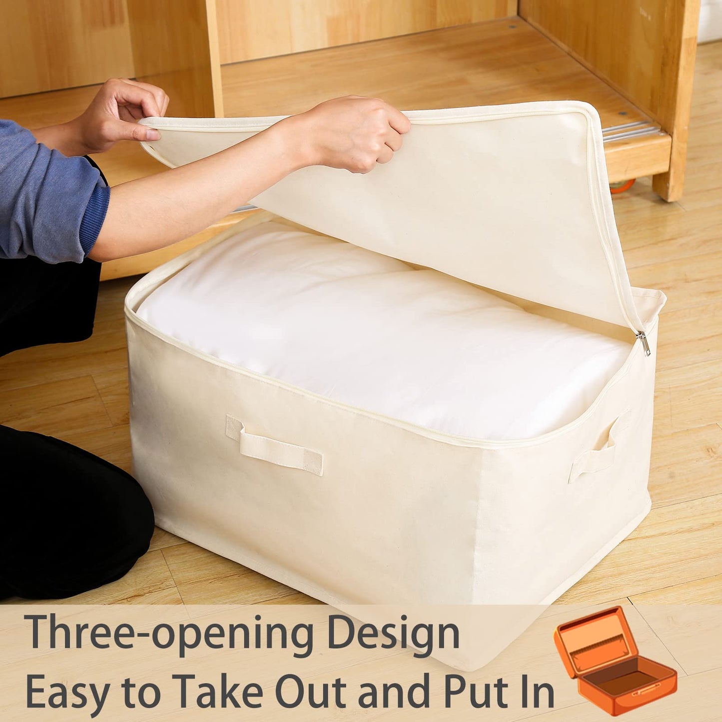 Canvas Comforters Bags Closet Organizers and Storage for Quilts Clothes Organization Containers Bins with Sturdy Zipper, Clear Window 75L for Sweaters Blankets Storage Bedroom Collapsible