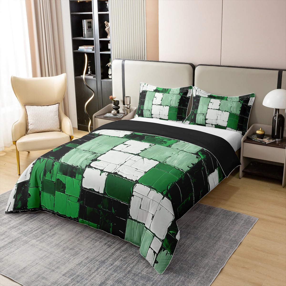 jejeloiu Green Black Abstract Duvet Cover 100% Cotton Geometric Minimalist Square Bedding Set Queen Size for Kids Boys Girls Modern Abstract Art Comforter Cover（No Comforter）