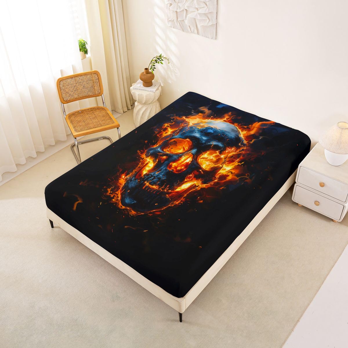 Feelyou Sugar Skull Bed Sheets Set Full Size Halloween Themed Deep Pocket Fitted Sheet Flame Bedding Sets Goth Soft Bed Set 4Pcs with 2 Pillow Cases Cemetery