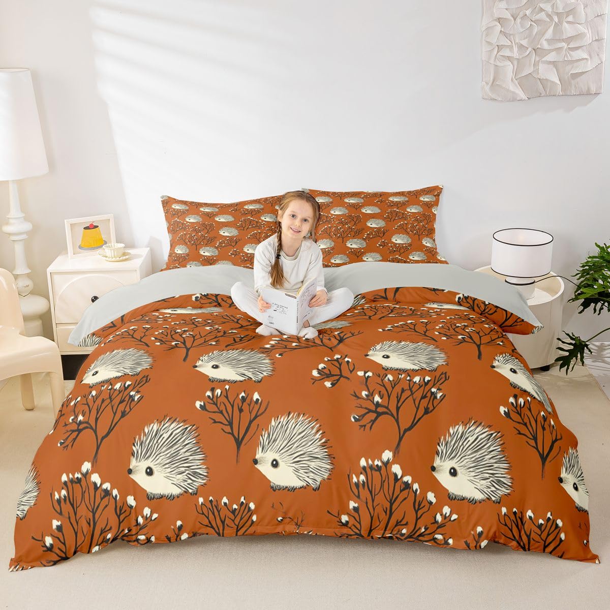 Erosebridal Kawaii Hedgehog Comforter Cover Twin Cartoon Wildlife Duvet Cover for Kids Teens Hedgehog Lovers Botanical Bedding Set Cartoon Cute Kawaii Animal Bed Set