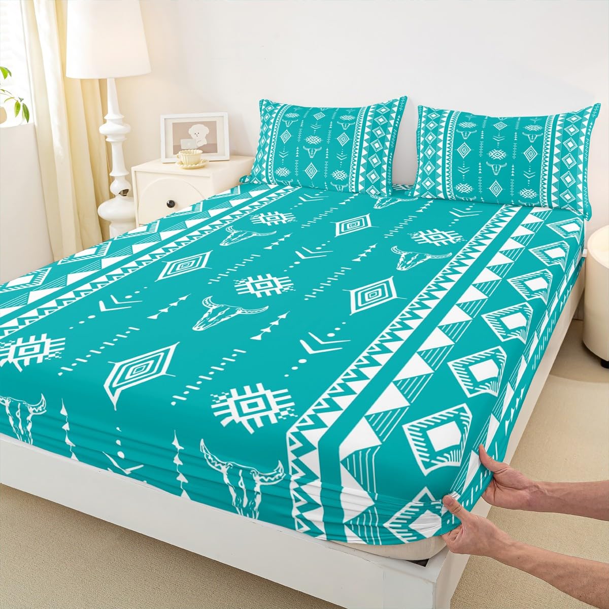 Erosebridal Western Aztec Boho Flat Fitted Sheet, Bull Skull Bed Sheets Set Full Size for Boys Girls Men Women Home Decor, Southwestern Cowboy Bedding Set, Ethnic Horns Bed Sets