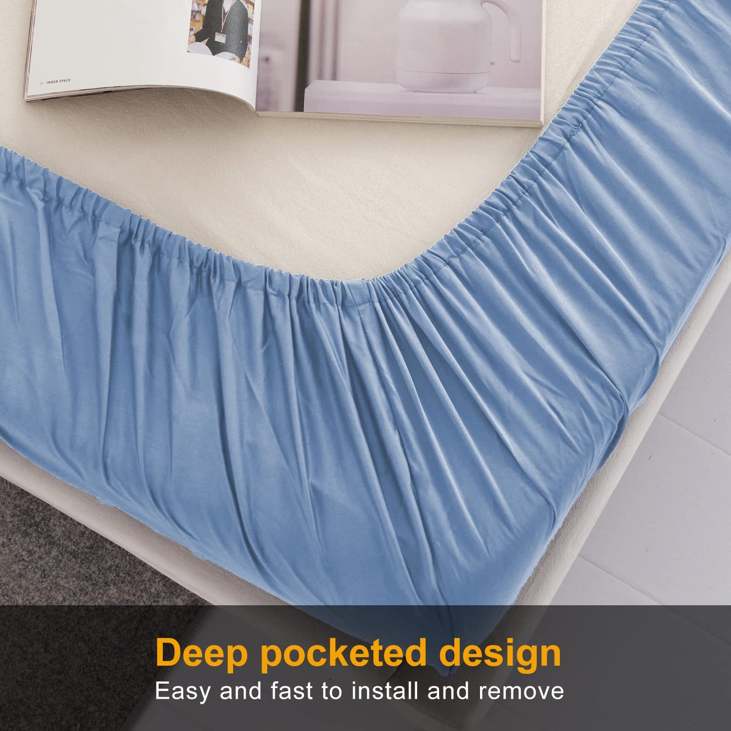 MILDLY Deep Pocket Fitted Sheet Only Queen Size 60"x80" 100% Long Staple Cotton Blue Breathable Bottom Sheet Fits Up to 14" Deep Mattress
