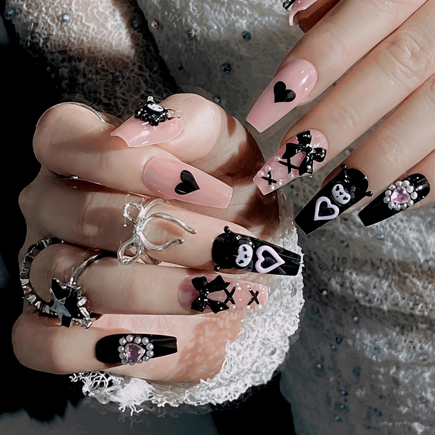 BABALAL Press on Nails Medium Coffin Fake Nails Black Gothic Glue ons Cute Heart Anime Charm Design Acrylic Nails 24Pcs Luxury Bling Ballerina Manicure DIY Goth False Nail for Women Girls