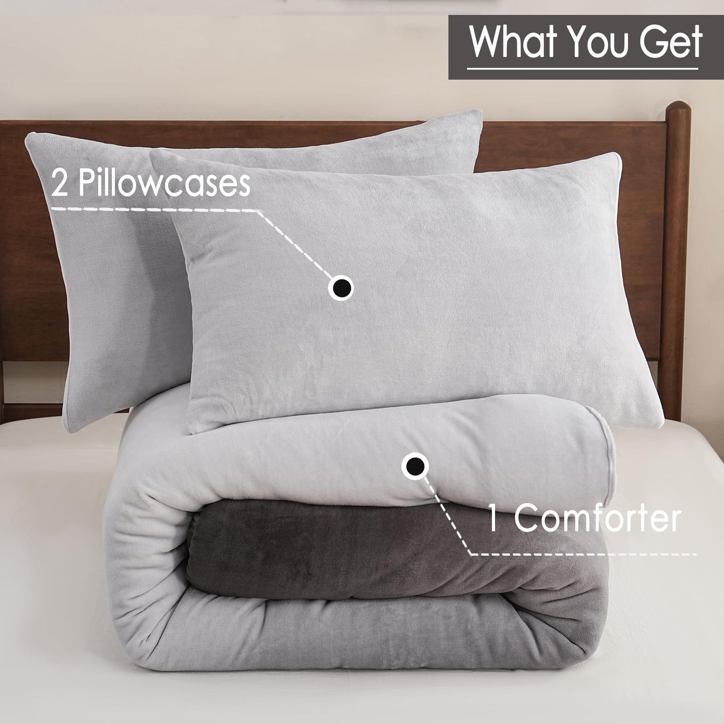 Bedbay Ombre Gray Velvety Fleece Comforter Set King Size Ultra Soft Plush Bedding Gradient Grey Thick Warm Cozy Winter Quilt Set with 2 Pillowcases Luxury Velvet Flannel Bedding Set 3 Pcs