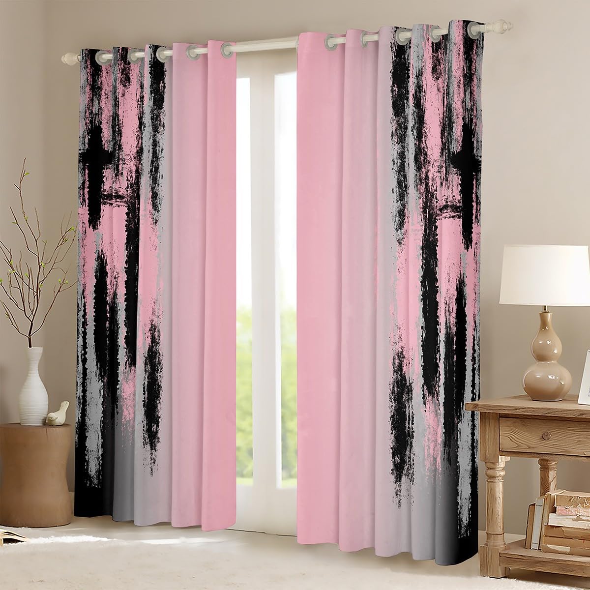 jejeloiu Kids Pink and Black Curtains for Bedroom Living Room (2 Panels, 42 x 84 Inch) Abstract Messy Rust Darkening Drapes Modern Art Blackout Curtains Gradient Stryle Window Treatments
