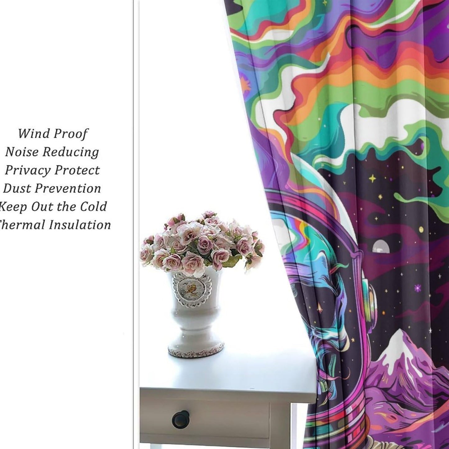 HDESDIS Colorful Skull Fantasy Blackout Curtains for Bedroom, Space Star Astronaut Skeleton Grommet Curtains Thermal Insulated Window Drapes for Living Room, 21W x 45L, 2 Panels