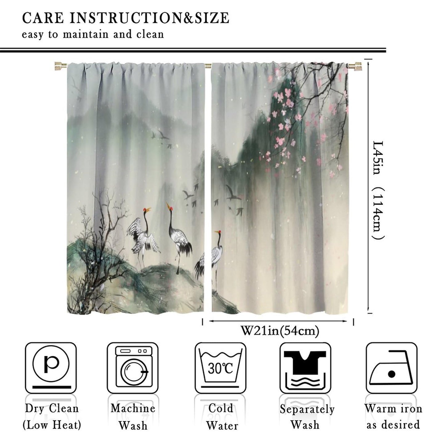 Asian Curtain Traditional Chinese Ancient Ink Landscape Painting Animal Crane Print Curtain for Kitchen Bedroom Living Room Blackout Privacy Curtain 42x45 Inch 2 Panels
