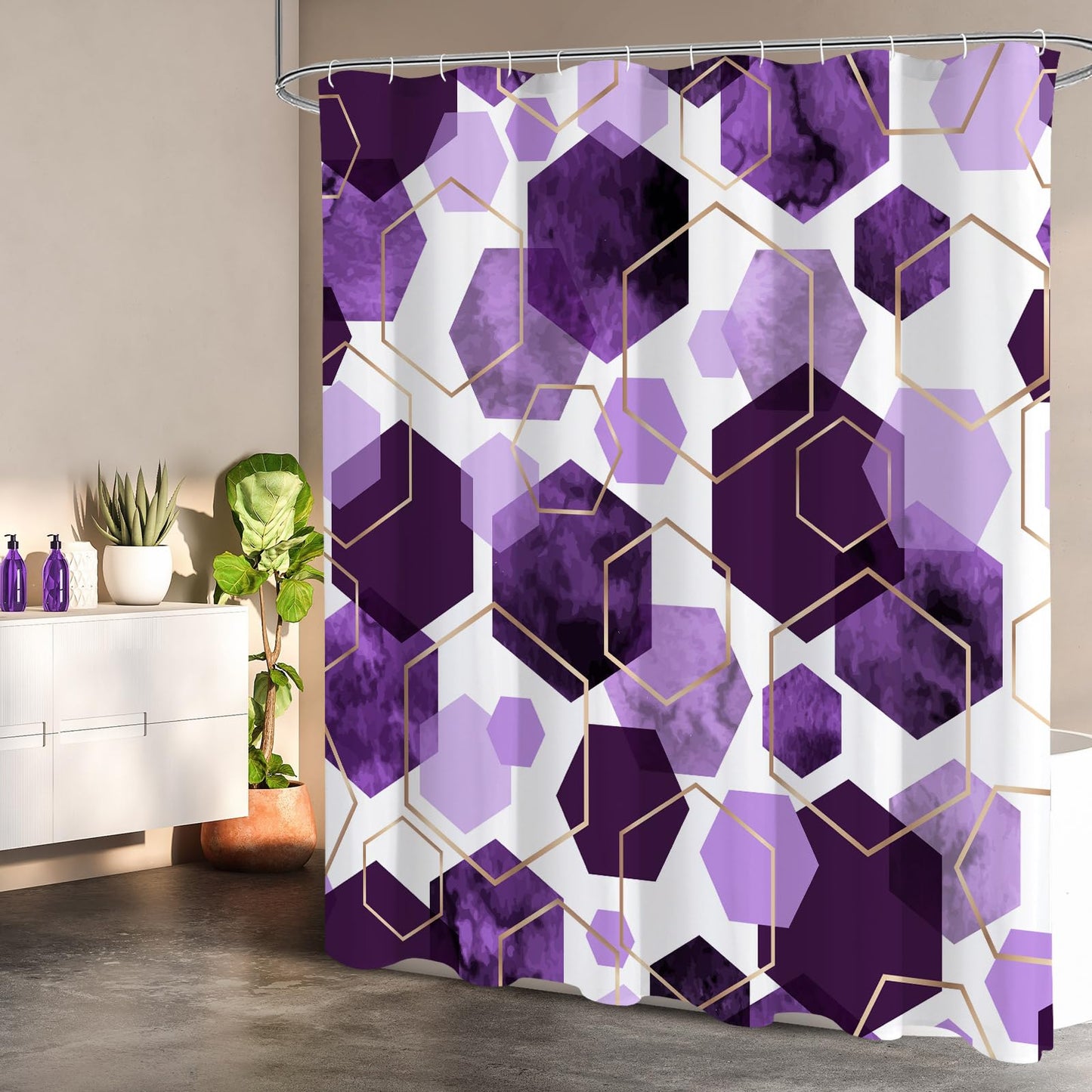 Litabel Purple Modern Shower Curtain for Bathroom, Geometric Art Decor Waterproof Bath Curtain, Abstract Fabric Shower Curtain Sets for Home Decor, 72x72 Inch