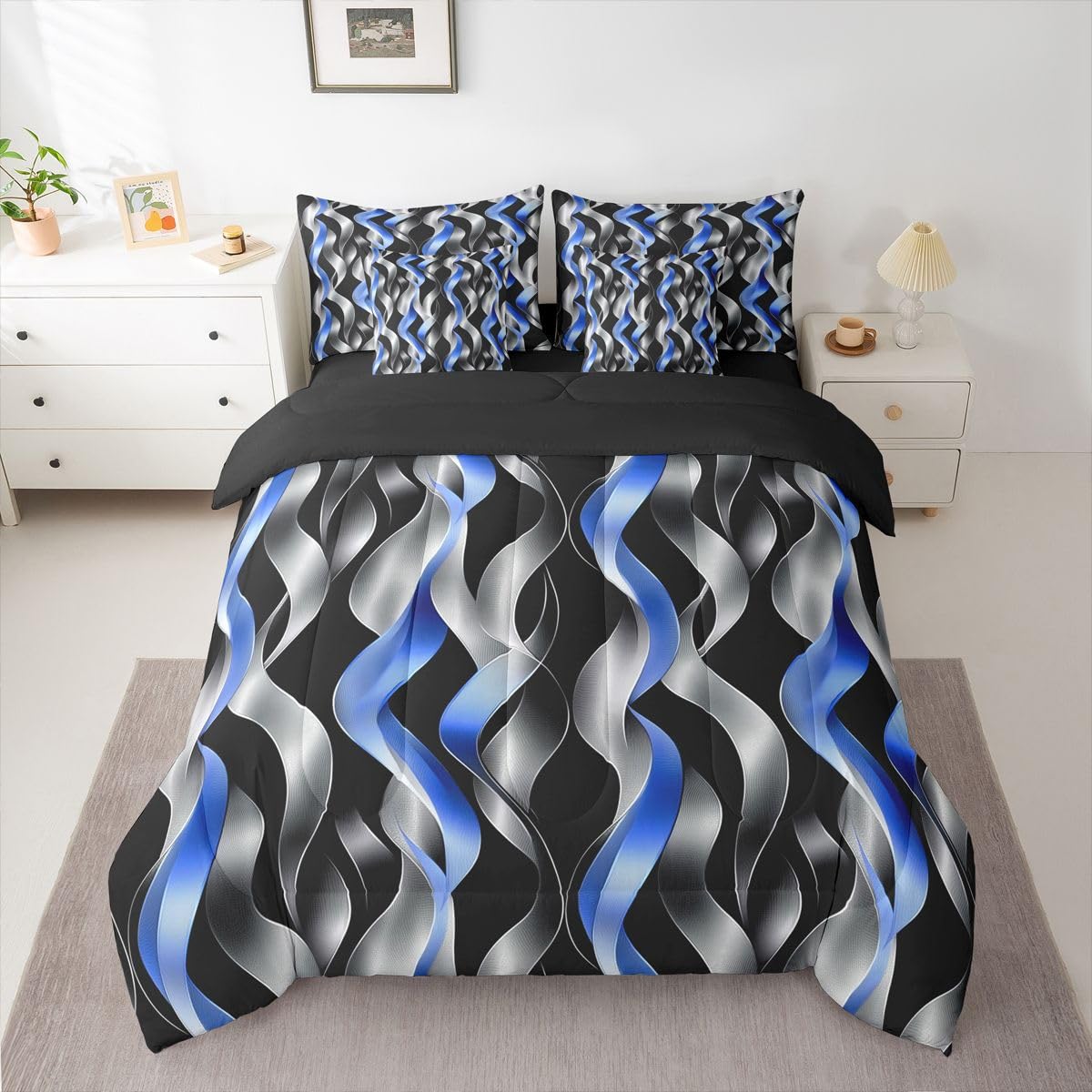 jejeloiu Modern Striped Full Comforter Set with Sheets for Kids Boys Girls Modern Abstract Geometric 7 Pieces Bedding Set Geometric Spiral Pattern Bed in a Bag Room Decor Microfiber