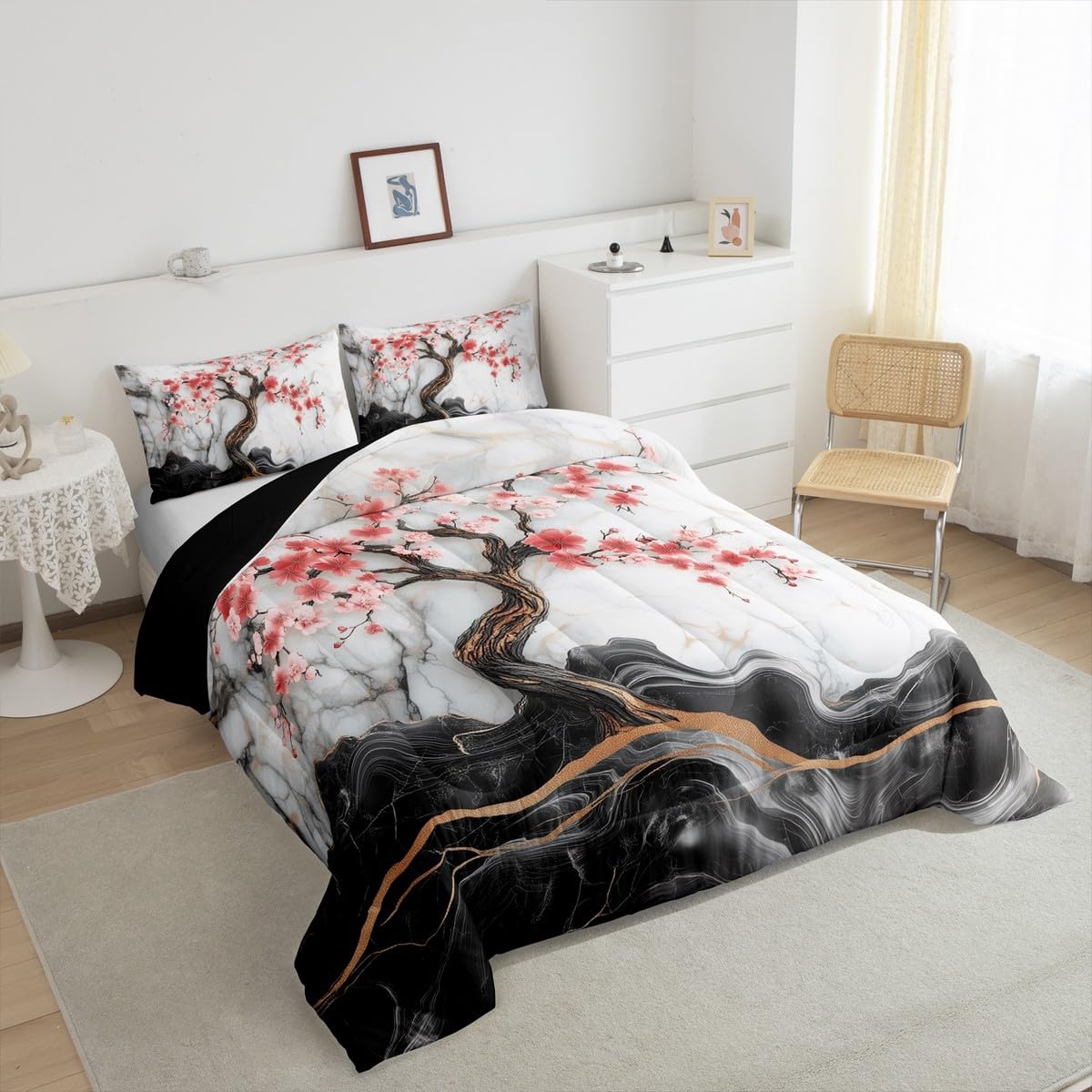 Manfei Cherry Blossom Comforter Set Queen Size,Artistic Black White Marble Texture Paint Bedding Set for Teens Adults,Japanese Style Pink Red Flowers Romantic Comforter,3 Pcs 2 Pillowcases