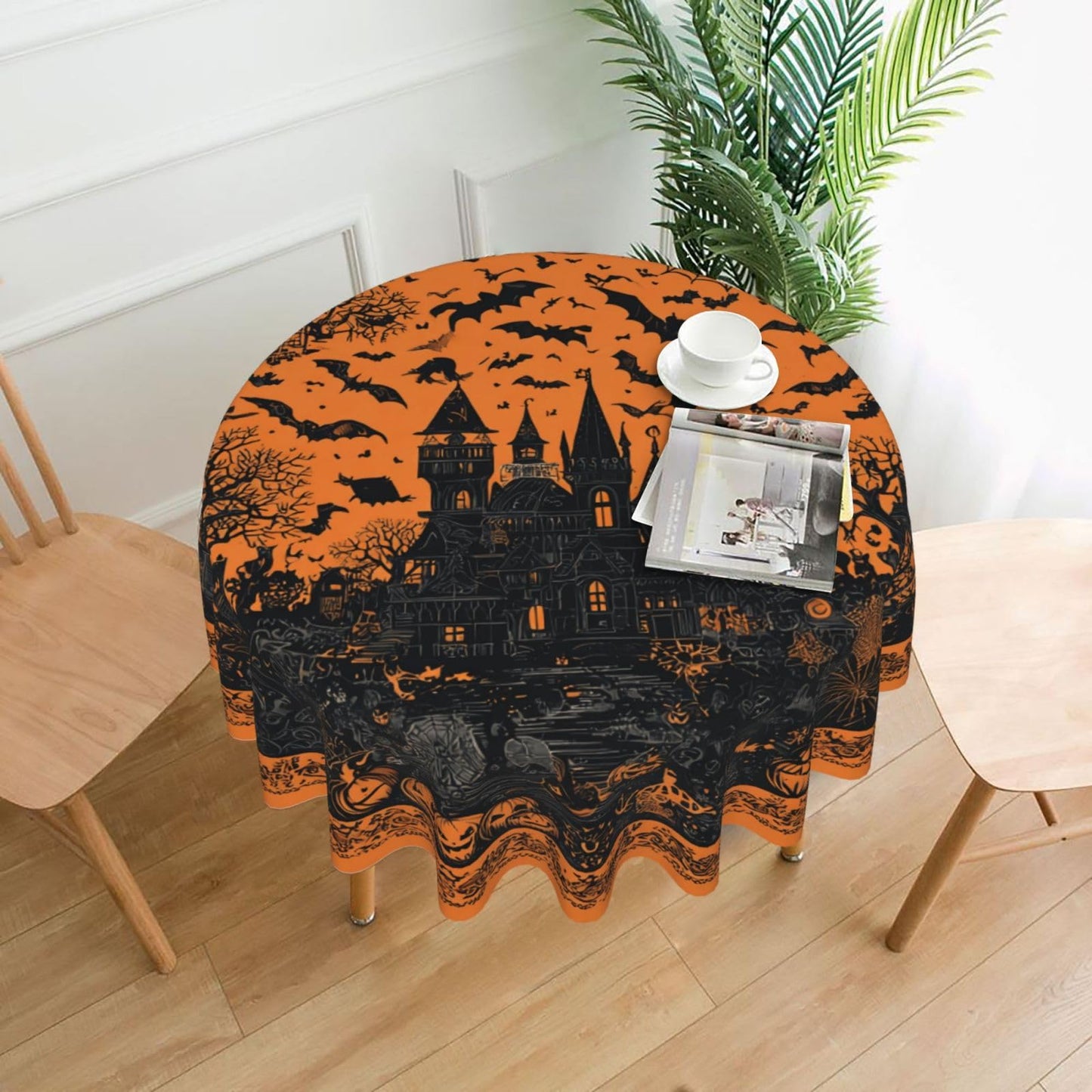 Halloween Haunted House Round Tablecloth 60 Inch, Bats Decorations Round Table Cloth for Halloween Holiday Picnic Party Kitchen/Home Dining Decor