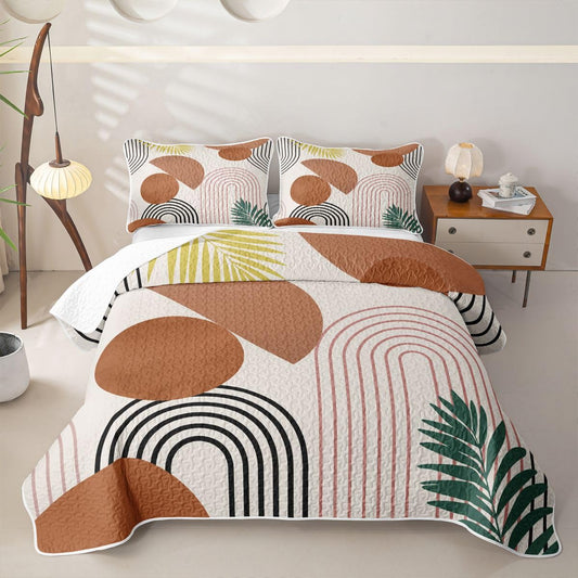 Erosebridal Boho Mid Century Quilted Bedspreadd Set Twin Bohemian Abstract Geometric Coverlet Set Modern Minimalistic Simple Bed Set Brown Orange Bedding Set