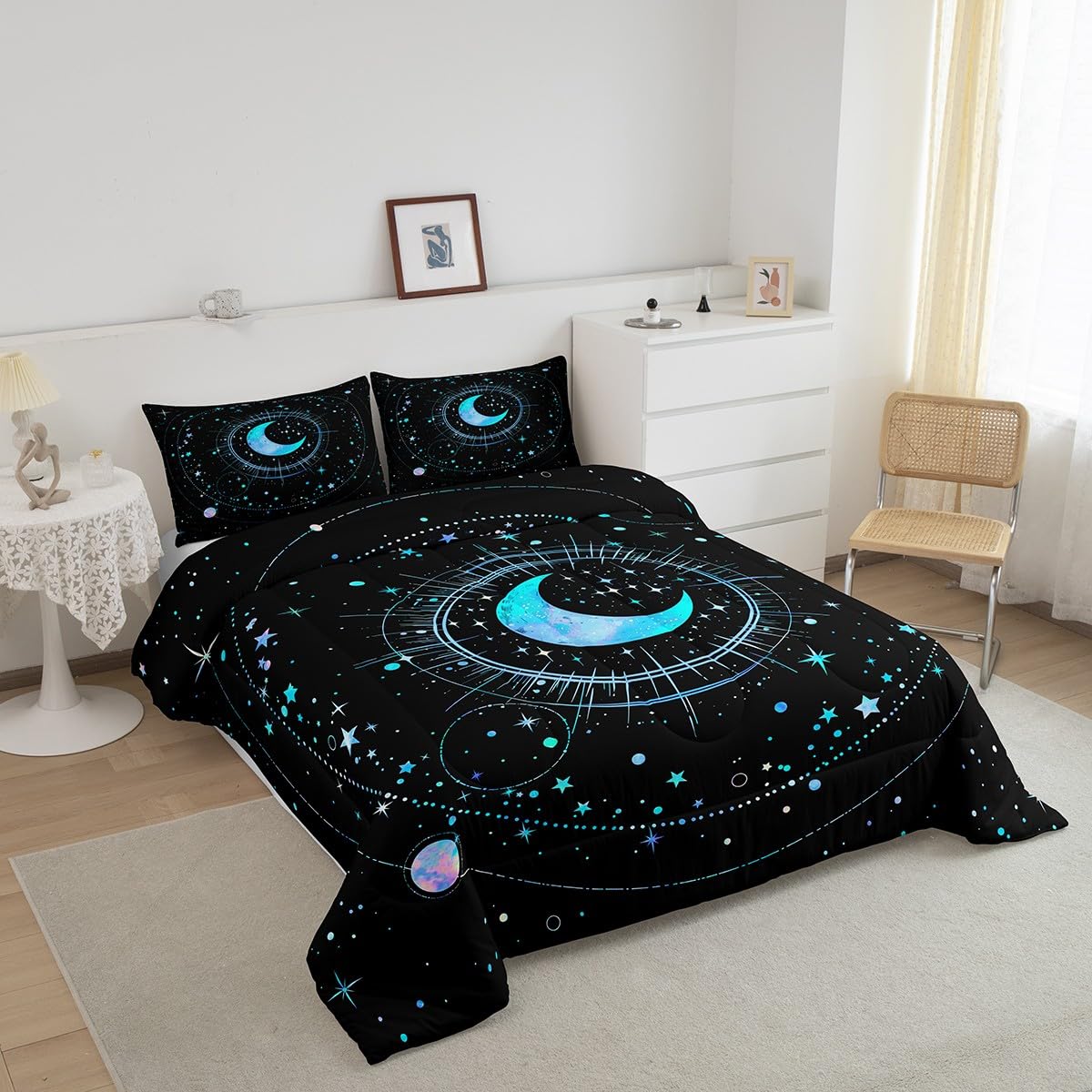 Homewish Stars and Moon Comforter Set,Blue Galaxy Bedding Set for Kids Girls Women,Adults Space Starry Sky Comforter,Constellation Quilted Duvet Set Bedroom Collection Twin Size 2Pcs