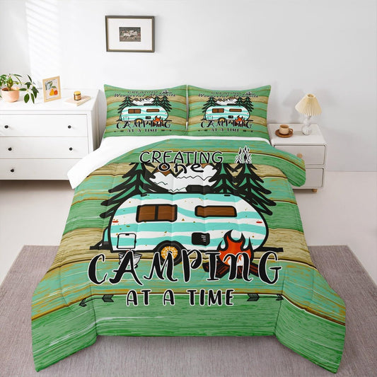 Erosebridal Happy Camping Kids Bedding Vintage Wooden Decor Comforter Sets King,Rustic Farmhouse Style Comforter Campers Rv Campfire Duvet Insert with 2 Pillow Cases