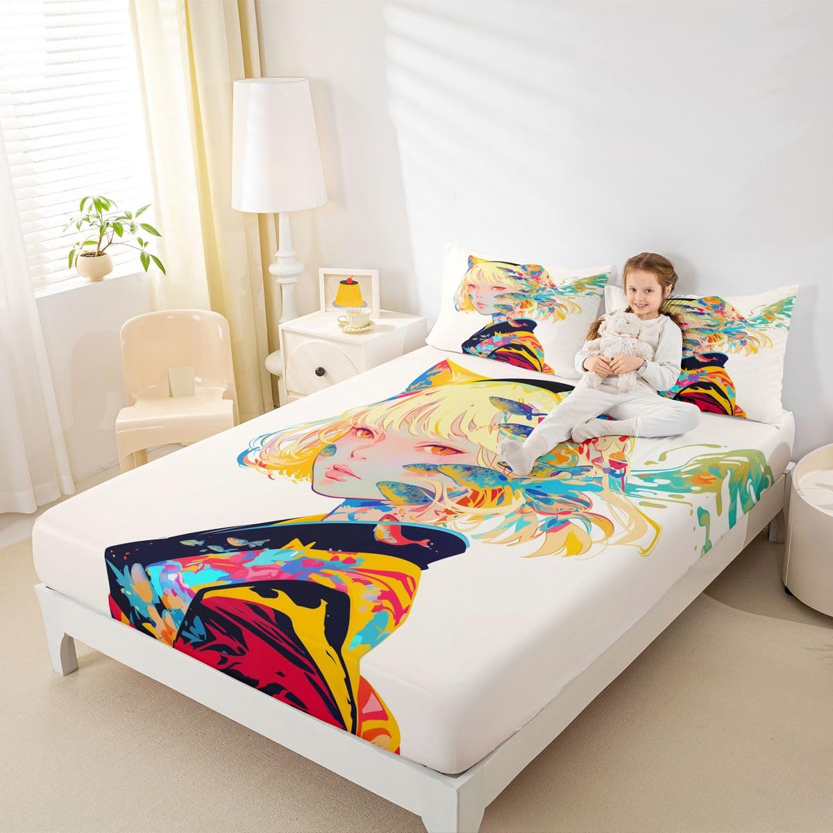3D Anime Bed Sheets Japanese Girl Style Bed Set Queen for Cartoon Fans Fitted Sheet, Kawaii Anime Design Pattern Sheets with 2 Pillow Cases, Anime Gifts for Girls Anime Lover