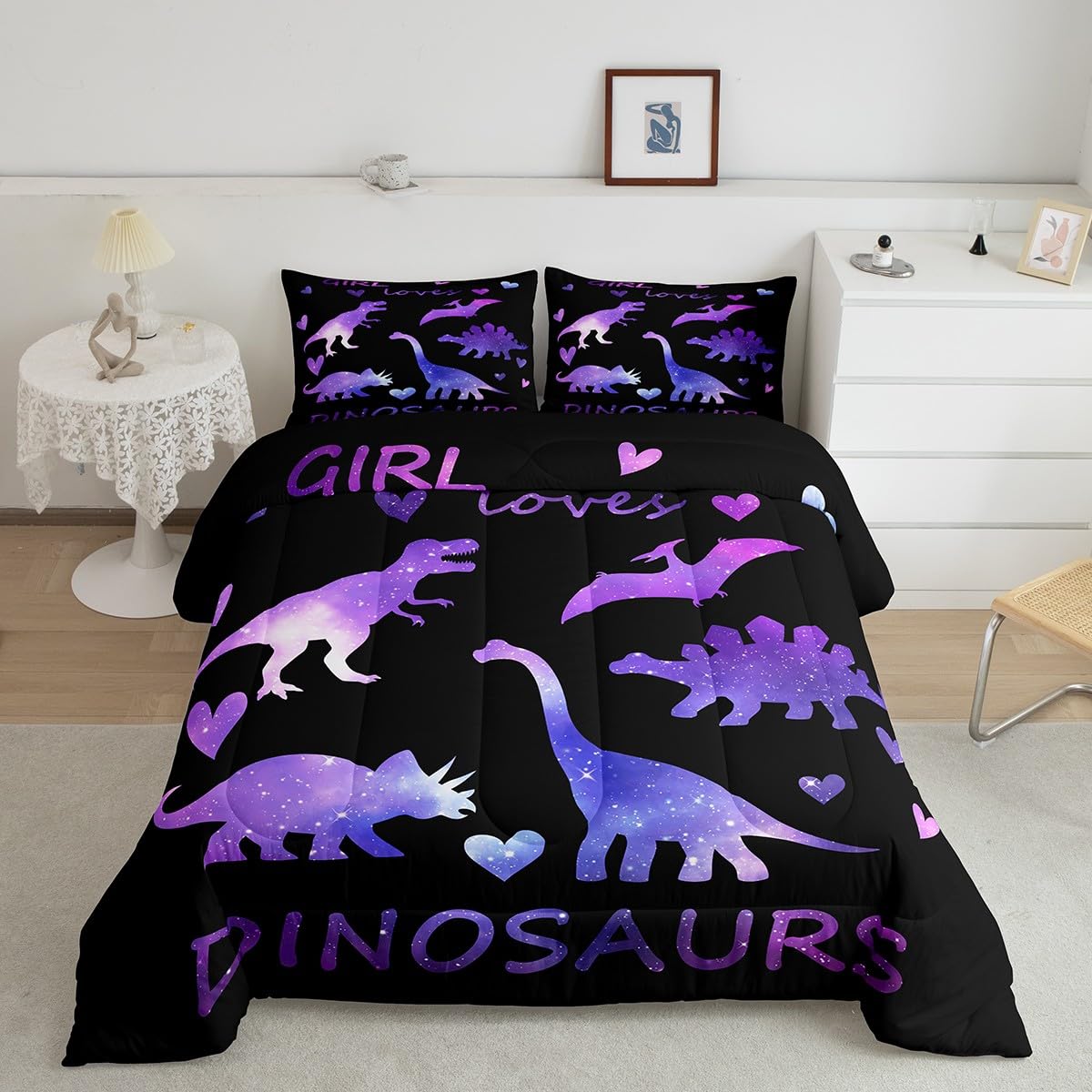 Girls Dinosaur Comforter Set Kids Galaxy Dino Bedding Set for Children Women Bedroom Cartoon Universe Jungle Animal Decor Comforter Outer Space Starry Sky Dinosaurs Duvet Set King with 2 Pillow Case