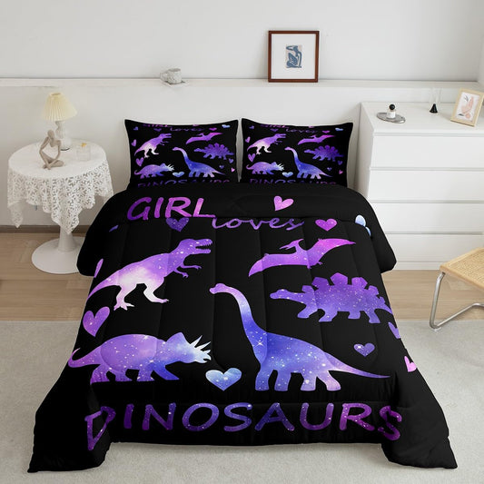 Girls Dinosaur Comforter Set Kids Galaxy Dino Bedding Set for Children Women Bedroom Cartoon Universe Jungle Animal Decor Comforter Outer Space Starry Sky Dinosaurs Duvet Set King with 2 Pillow Case