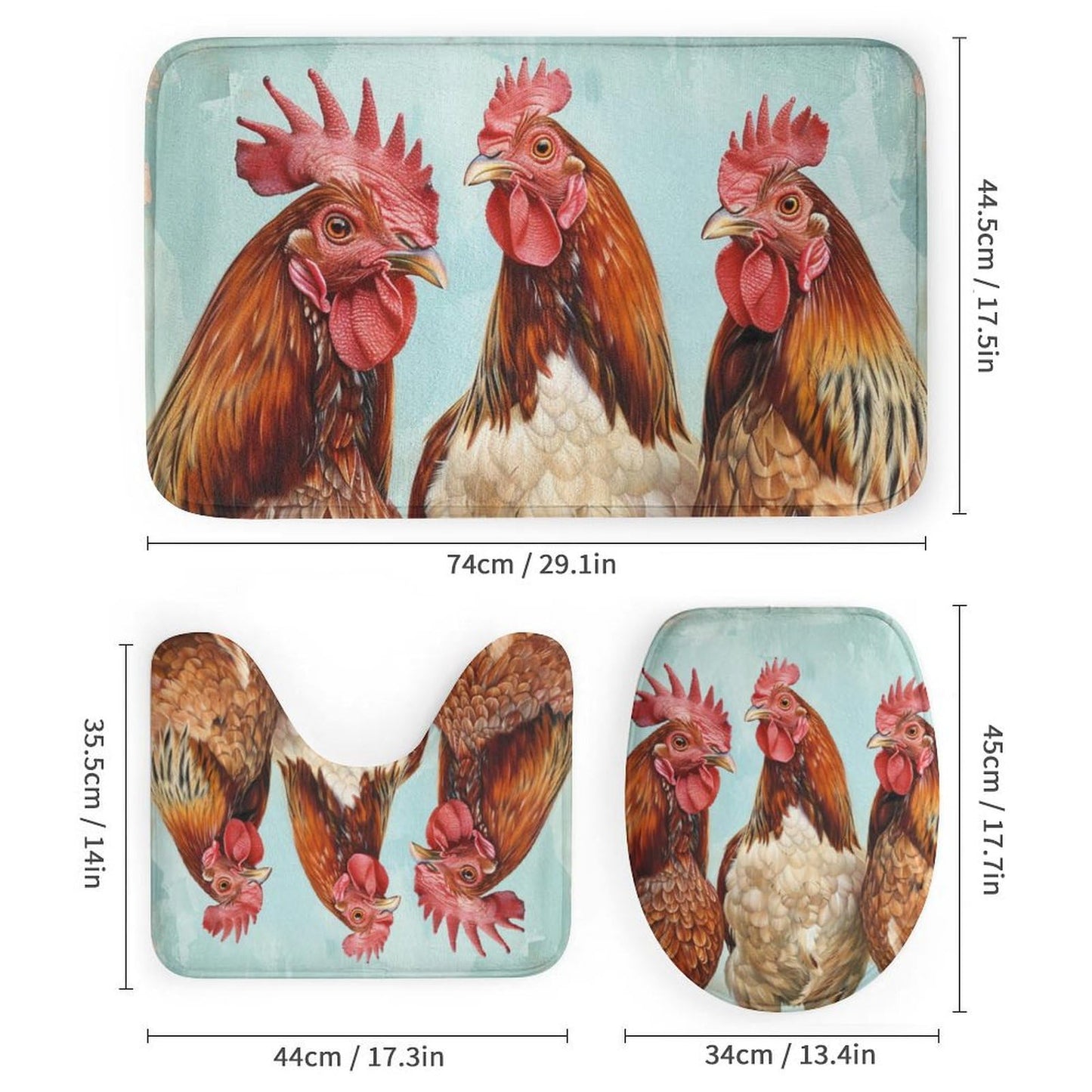 FOCCAFB 4PCS Modern Animals Bathroom Set with Rugs and Toilet Lid Cover Rustic Farmhouse Chicken Waterproof Shower Curtain Set for Bathroom Decor