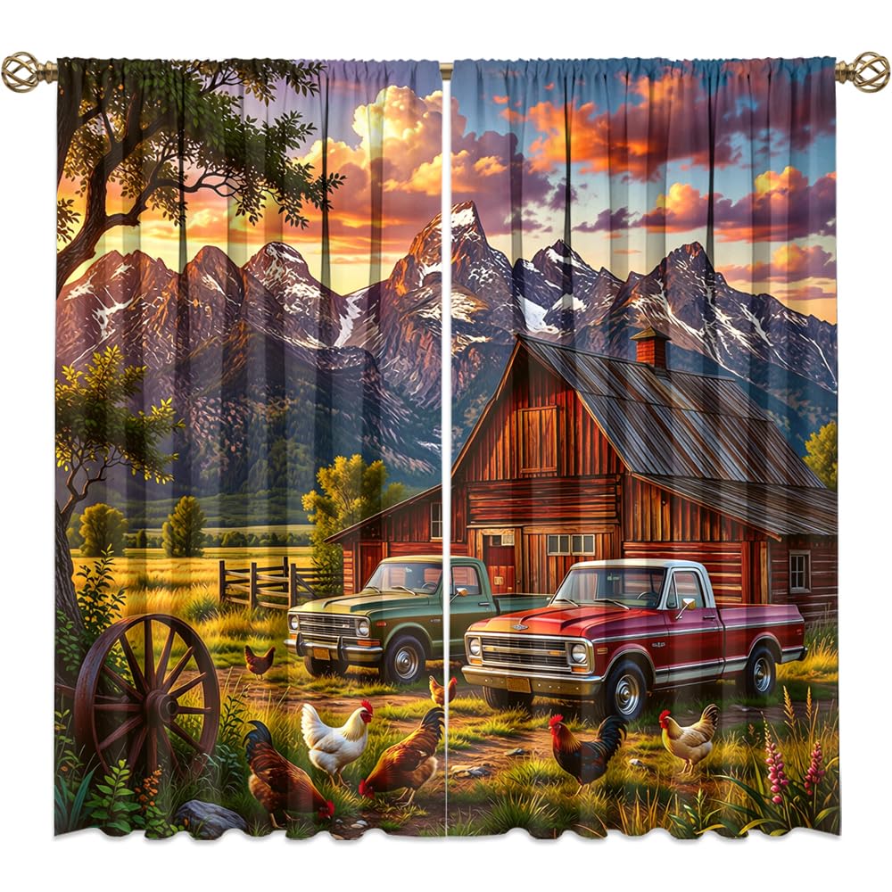 KuracleGH Vintage Farmhouse Wheel Truck Rod Pocket Curtains-Cabin Autumn Mountain Sunset Blackout Curtains & Drapes for Bedroom,Rustic Farm Animal Rooster Window Curtain,2pcs,Each 21“W x 45”L
