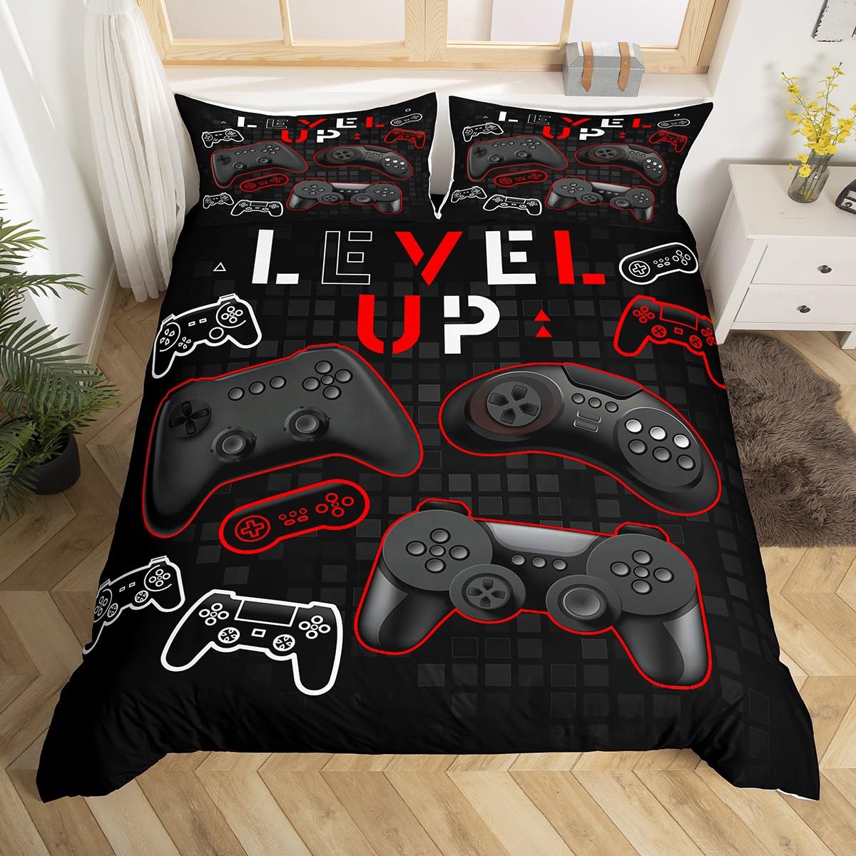 Homewish Gaming Duvet Cover Set King Size,Video Games Comforter Cover 3Pcs,Black White Gamepad Reversible Print Bedding Set for Kids Girls Boys Teens Room Decor,Modern Chic Quilt Cover,2 Pillowcases