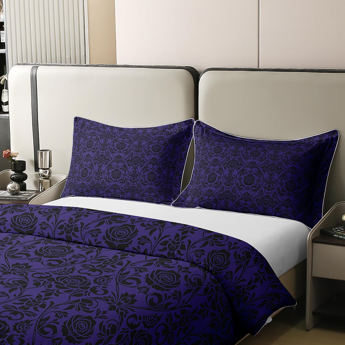 jejeloiu Boys Girls Rose Duvet Cover 100% Cotton Queen Size, Jacquard Damasks Bedding Set Luxury Royal Blue Jacquard Comforter Cover Kids Boho Style Teens Bedroom Decor Quilt Cover（No Comforter）