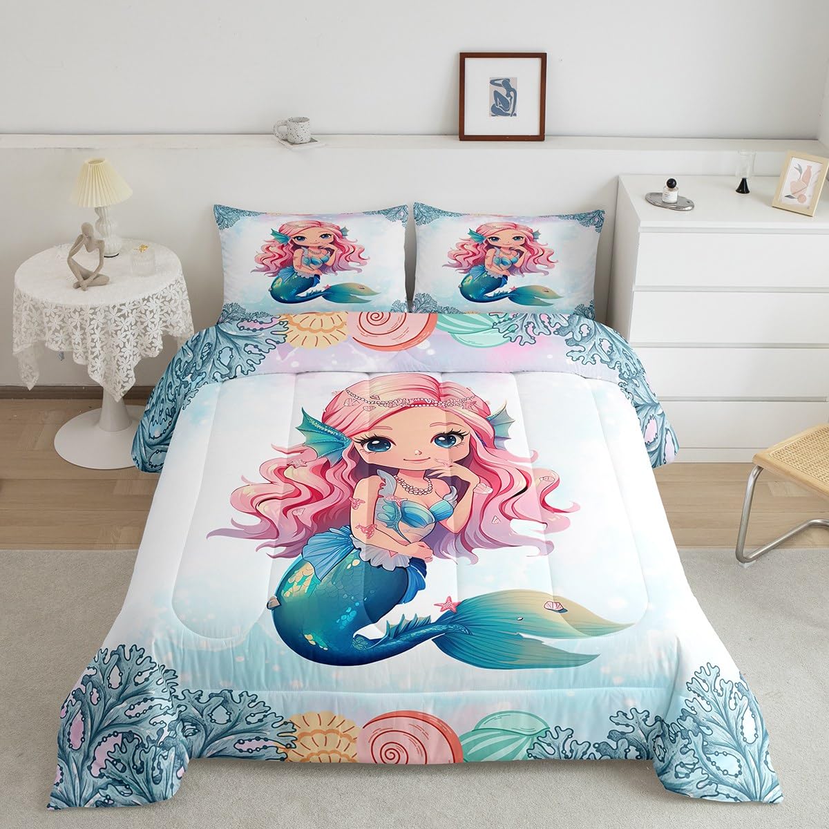 Erosebridal Mermaid Black Girls Bedding Set Afro Girl Twin Comforter Set for Girls,American African Princess Magical Quilt for Toddler Kids Teenager,Ocean Fish Coral Cute Room Decor