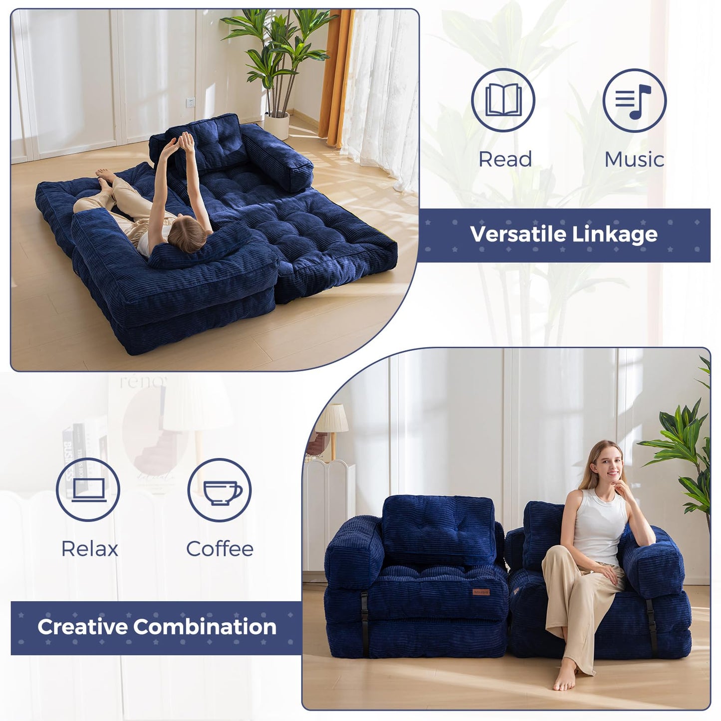 MAXYOYO Folding Sofa Bed, L-Shaped Convertible Sofa Bed with Armrest Foldable Sofa Couch with Pillow, Portable Fold Out Chair Bed Comfy Floor Lounge for Living Room Bedroom, Navy