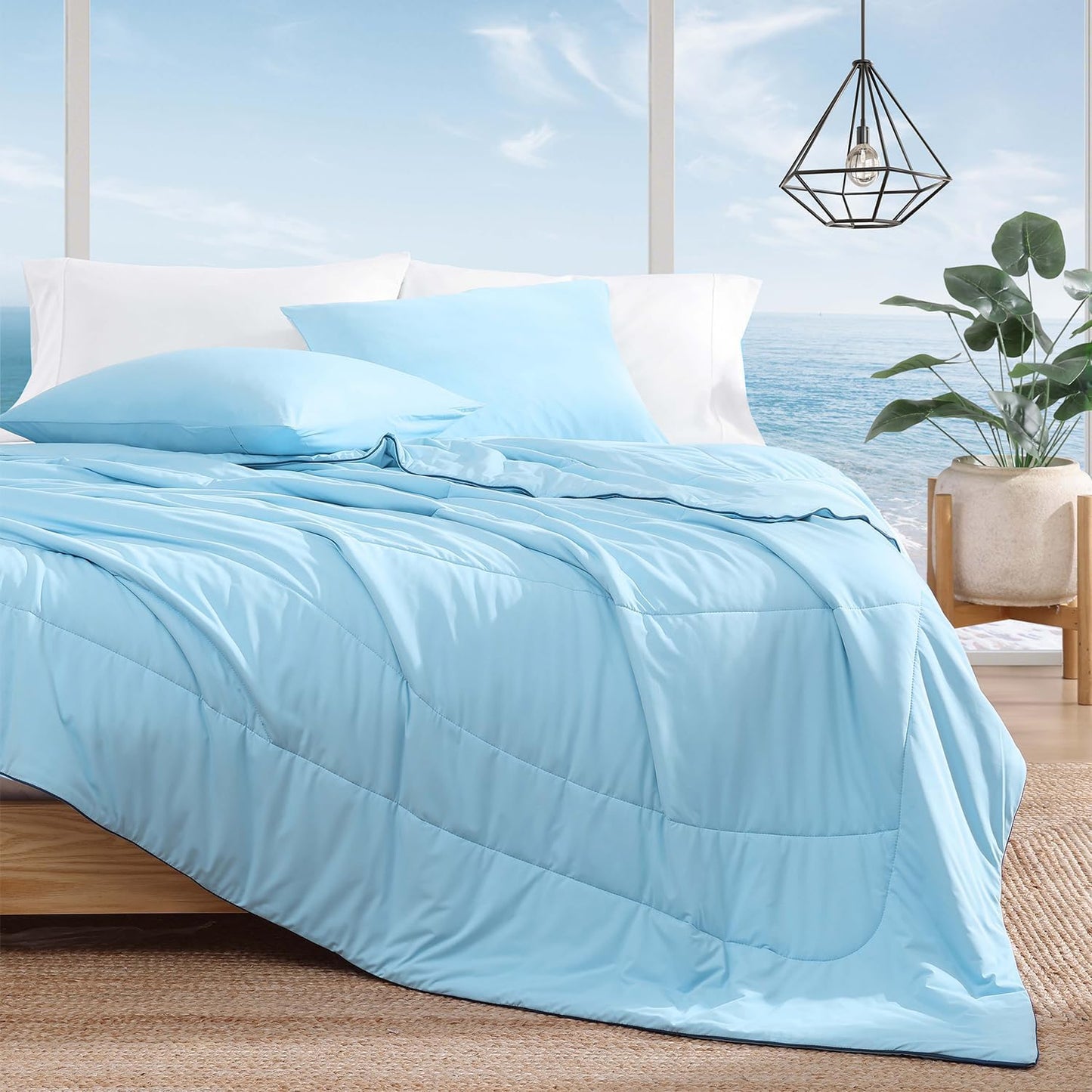 Monbix ChillChilla Cooling Comforter Queen Size-3 Pieces Cooling Blankets for Hot Sleepers and Night Sweats, Double-Sided Summer Queen Comforter Set, Breathable Lightweight Blanket Blue