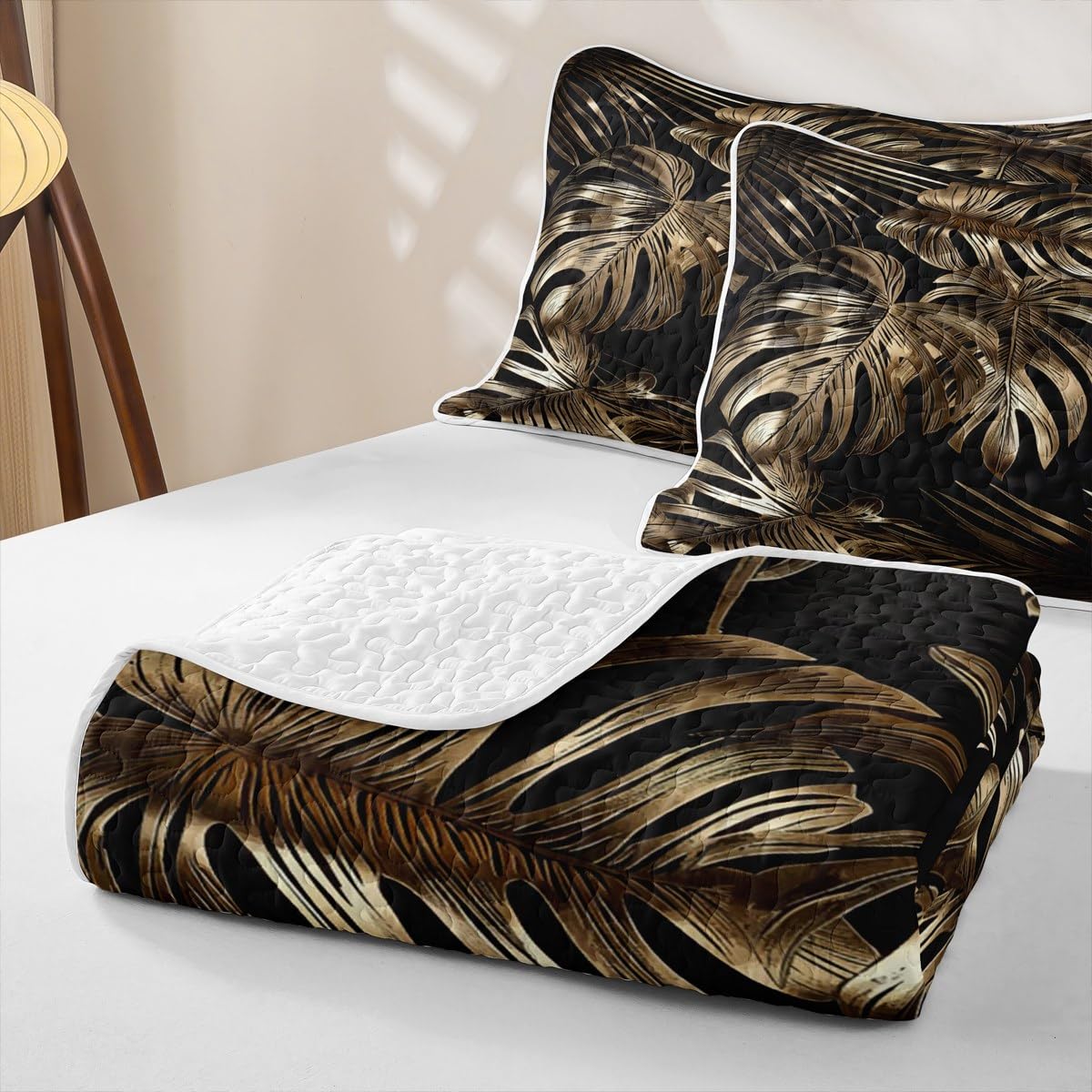 Erosebridal Palm Leaves Quilt Set Plant Branches Quilt Twin Hawaiian Tropical Theme Quilted Bedspread Black Gold Bedding Coverlet with 1 Pillowcase