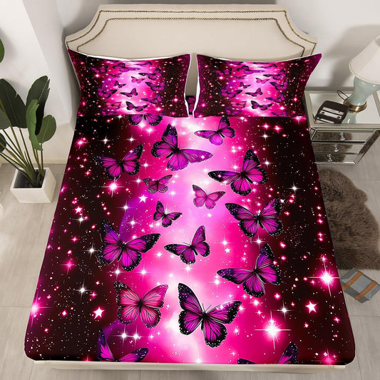 Feelyou Boys Girls Valentine's Day Fitted Sheet Full Size, Butterfly Bedding Set Kids Glitter Bed Sheet Set Romantic Teens Bed Cover Bedroom Decor Lightweight Bed Set (No Flat Sheet)