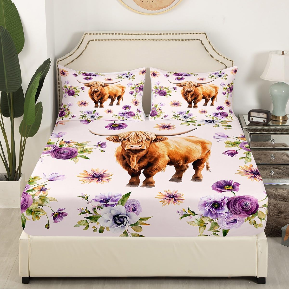 Castle Fairy Highland Cow Bed Sheet Set Twin Size,Rustic Farmhouse Style Animal Sheet Set Kids Teens,Purple Flowers Country White Bedding Decor Set with 1 Flat & 1 Fitted Sheet with 1 Pillow Sham