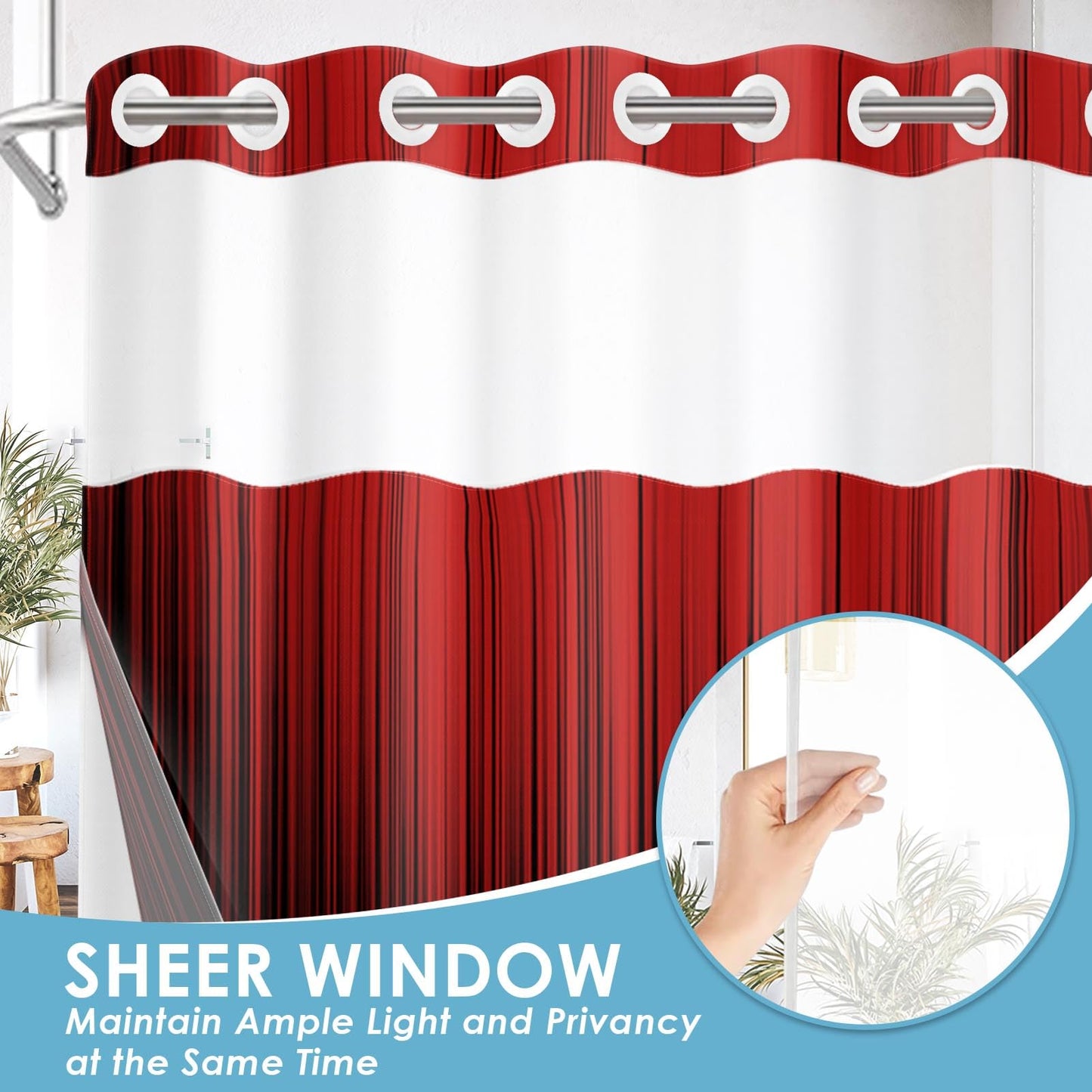 Nesphy No Hook Red and Black Ombre Shower Curtain with Snap in Fabric Liner Set, Simple Artistic Aesthetic Double Layers Waterproof Fabric with See Through Top Window Open Grommet Curtain 71x74 Inch