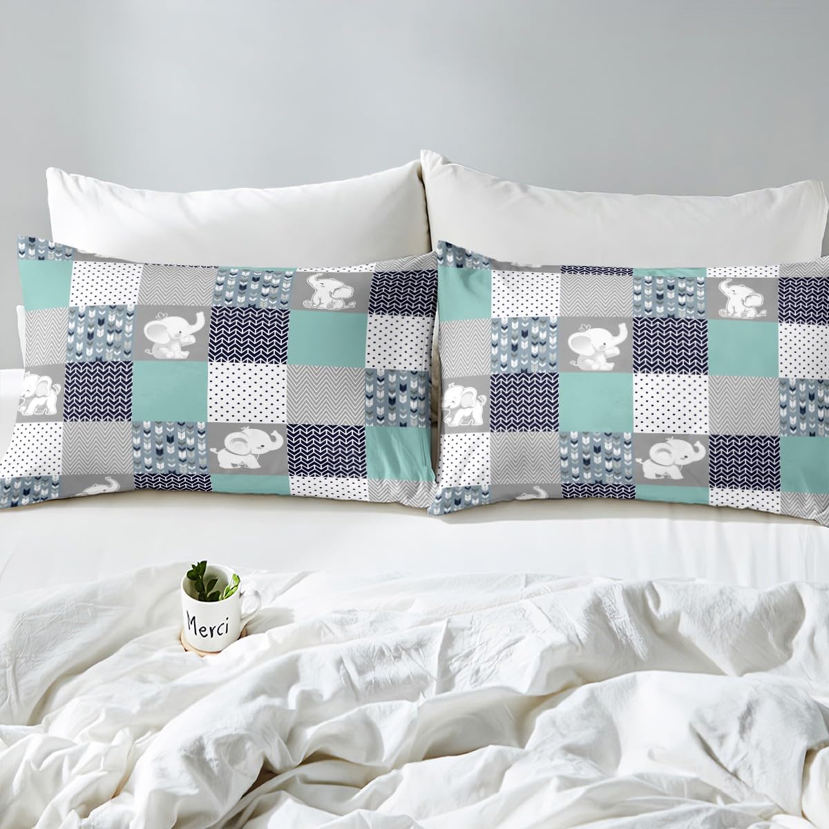 Cute Elephant Fitted Sheet,Full Size Wild Animals Pattern Collections Geometric Lattice Theme,Soft Decorative Fabric Bedding Deep Pocket for Children Teens Young Boys Girls,with 2 Pillowcases