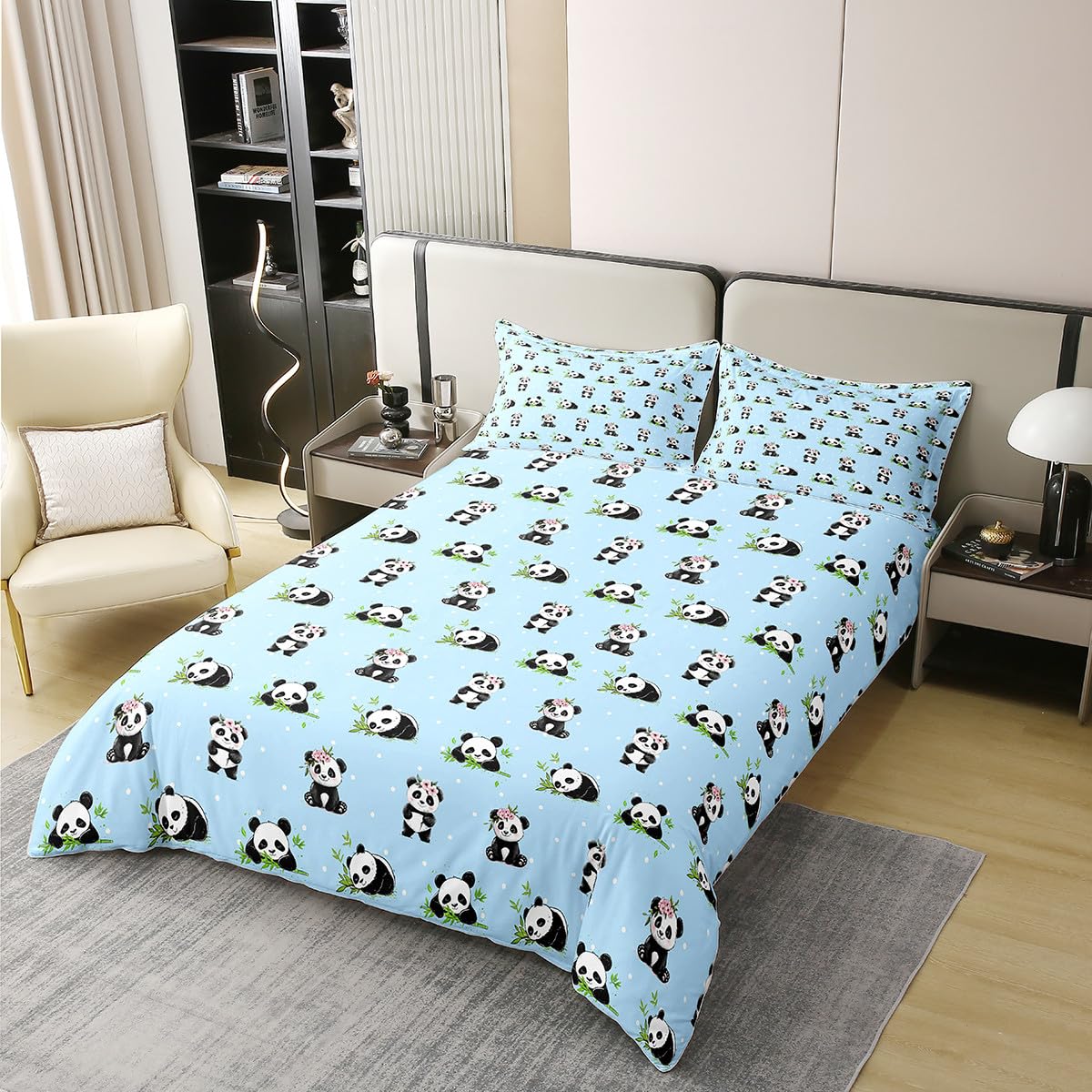 Manfei Kawaii Panda 100% Cotton Duvet Cover Set Twin Size, Cute Panda Print Bedding Set 2pcs, Cartoon Animals Theme Quilt Cover, Kids Girls Teens Room Decor, 1 Pillowcase,No Comforter