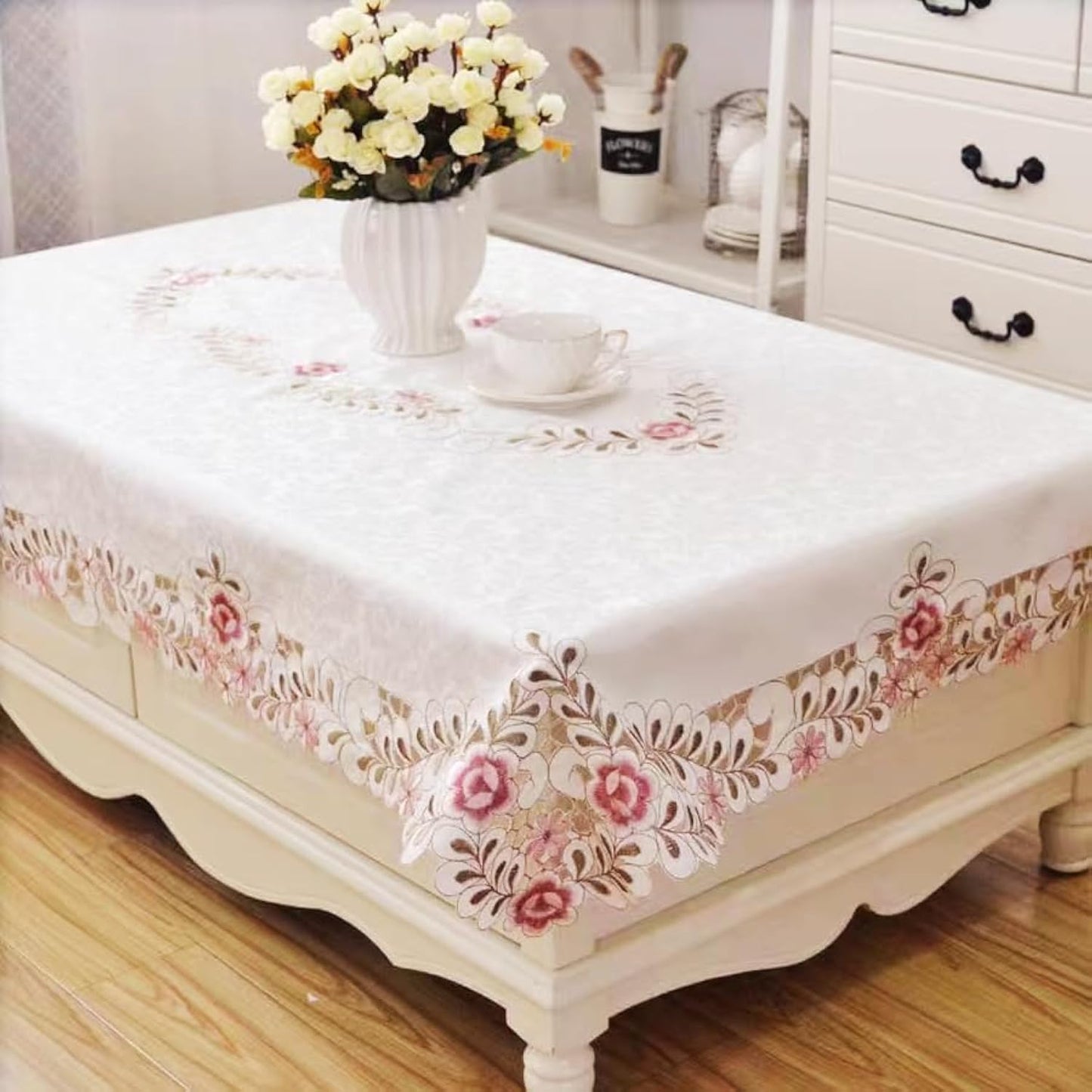 MULBESS Flower Embroidered Lace Tablecloth Damask Dust-Proof Table Cloth Fabric Table Cover for Kitchen Dinner Picnic Outdoor and Indoor Home Decor (Rectangle/Oblong, 33 x 60 inch)