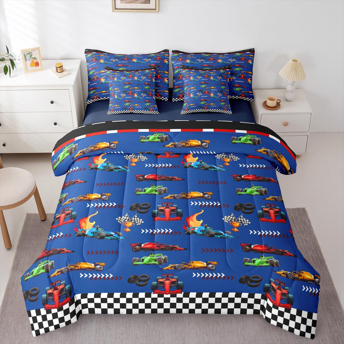 jejeloiu Blue Race Car Twin Comforter Set with Sheets for Kids Boys Girls Speed Sports Car 7 Pieces Bedding Set Extreme Sports Bed in a Bag Room Decor Soft Lightweight Microfiber