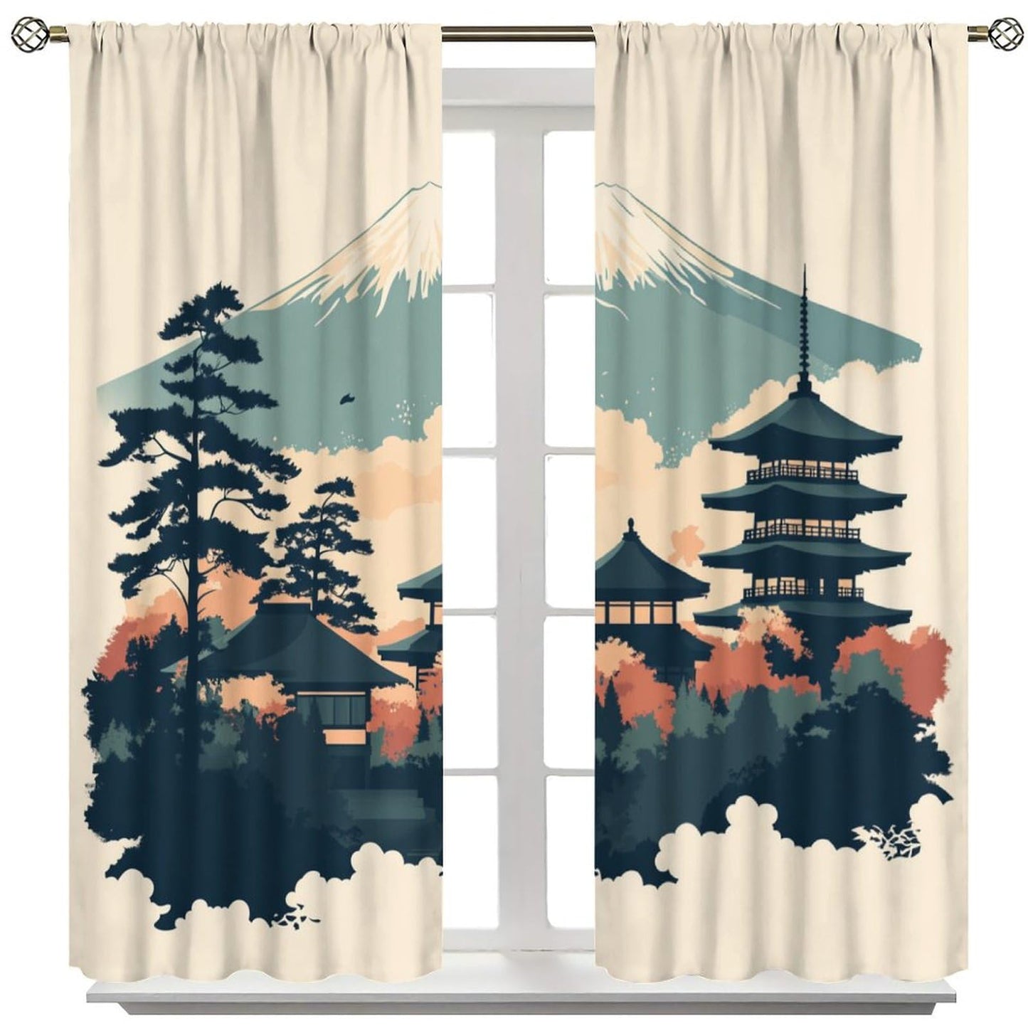 DIPQIMI Ancient Architecture Mountain Blackout Curtains for Bedroom/Living Room, Tree Natural Landscape Curtains Rod Pocket Thermal Insulated Window Drapes, 2 Panels/Each 21" W x 45" L